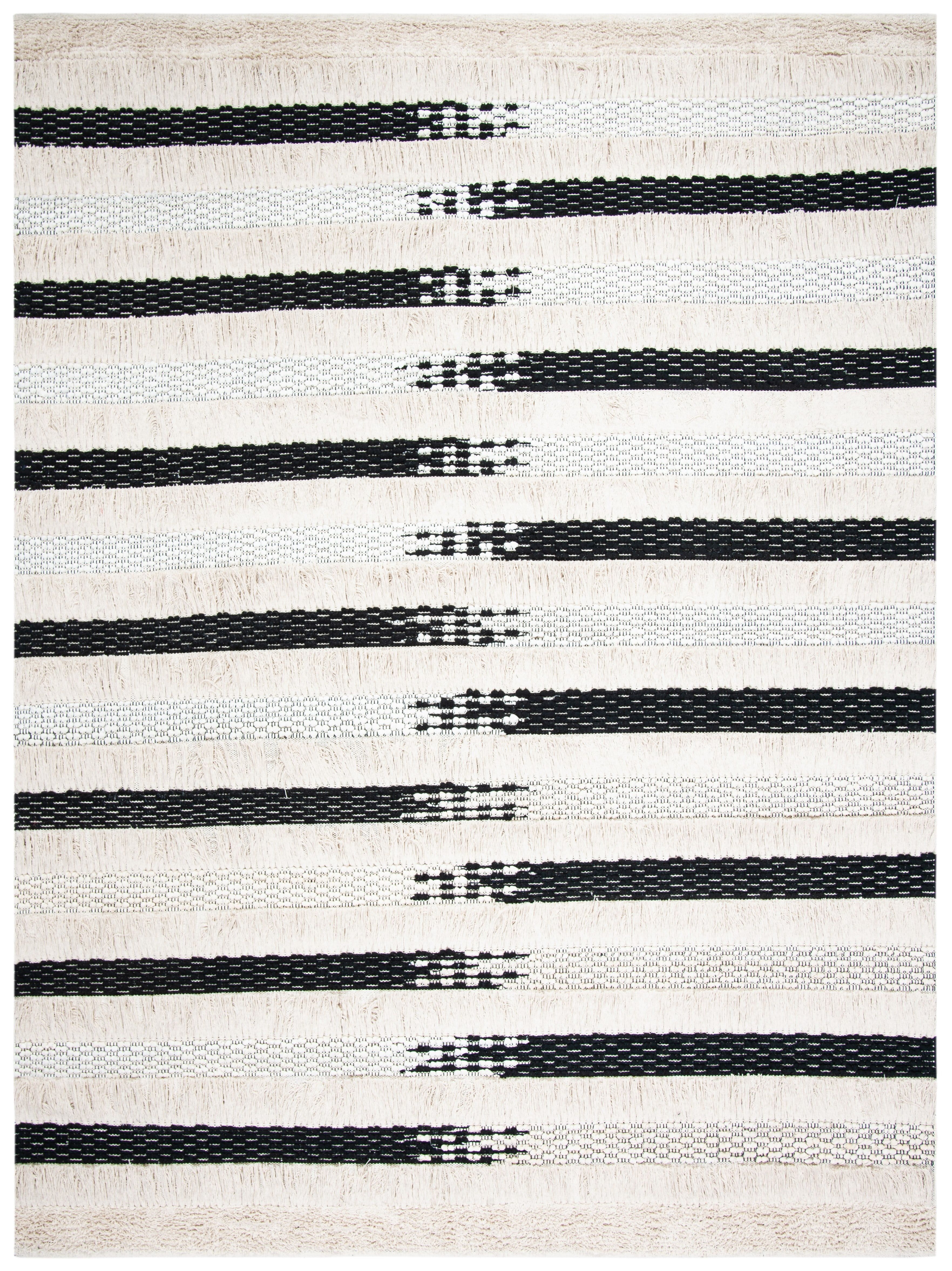 Ivory and Black Hand-Tufted Wool Striped 10' x 14' Rug