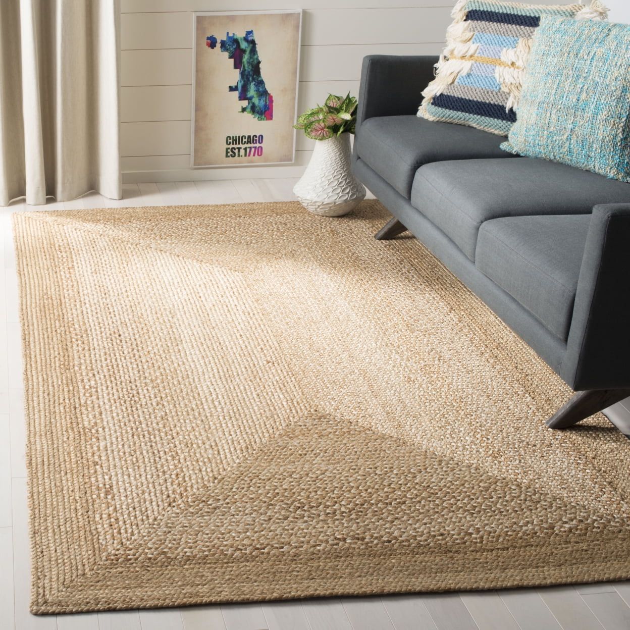 Ivory and Natural Jute Square Flatwoven Rug