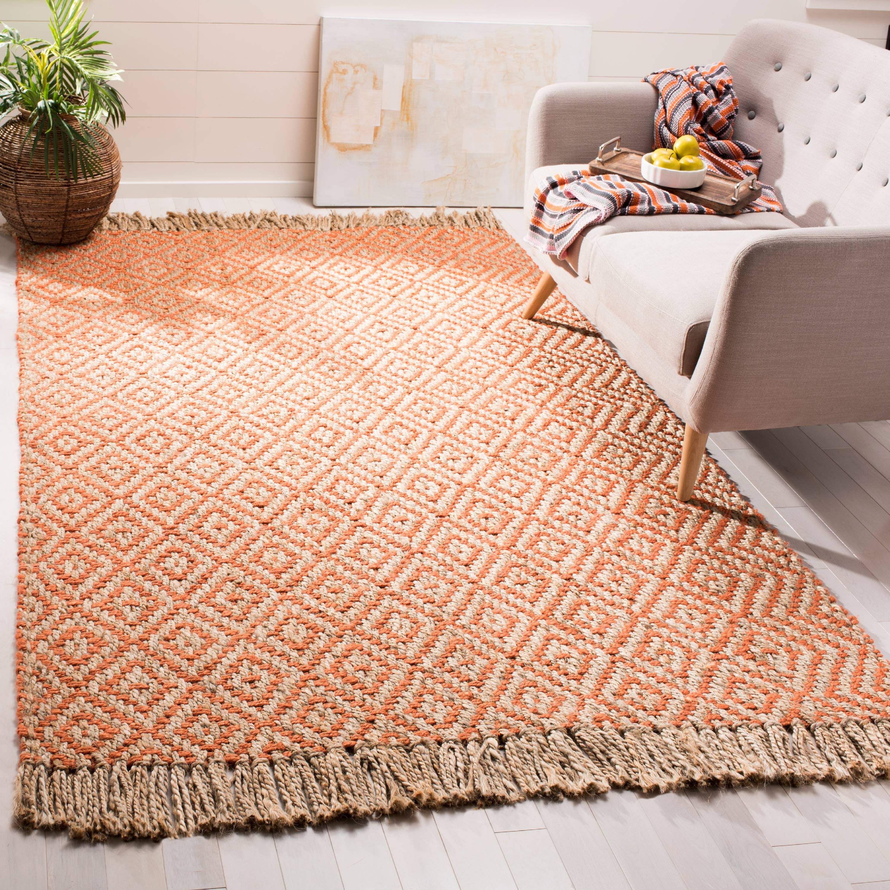 Ivory and Orange Hand-Knotted Jute 6' Square Area Rug