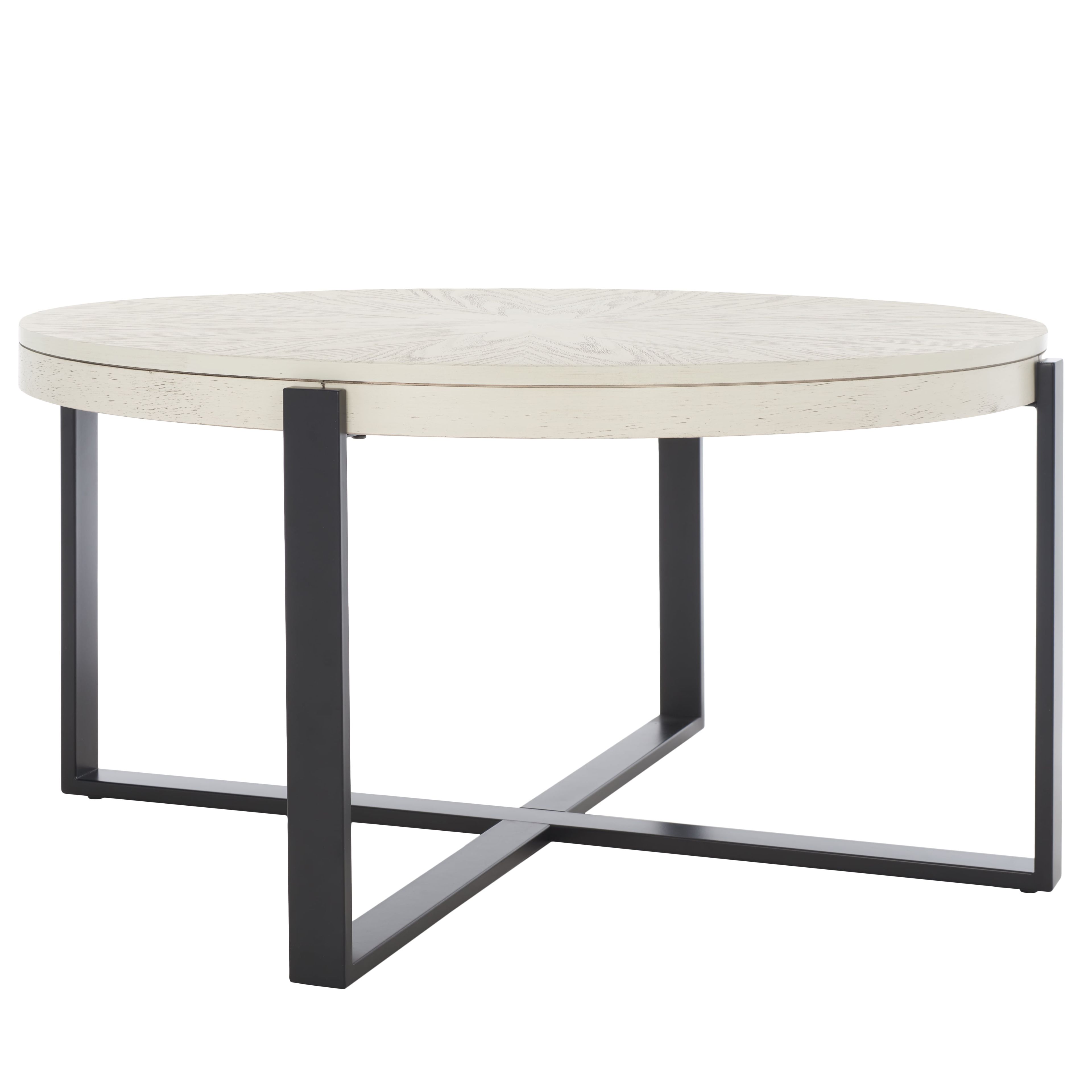 Navya 36" Round Whitewashed Wood Coffee Table with Black Metal Legs