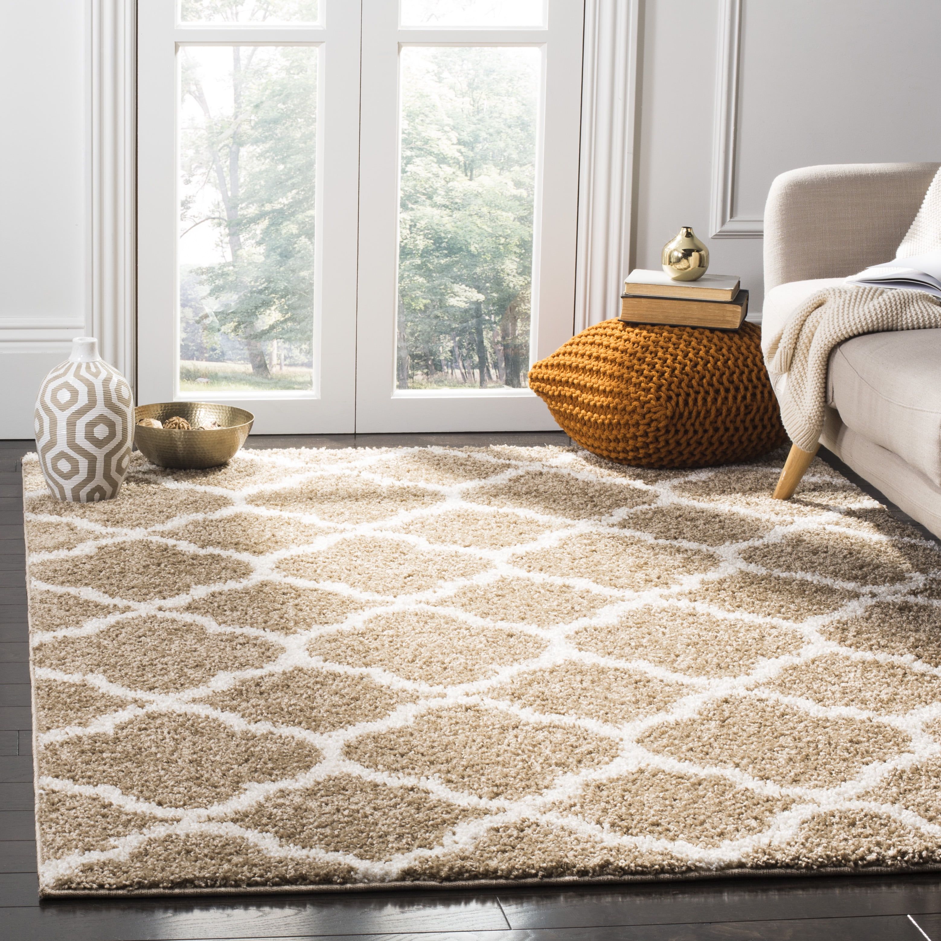 Dark Beige and Ivory Geometric Shag Area Rug, 4' x 6'