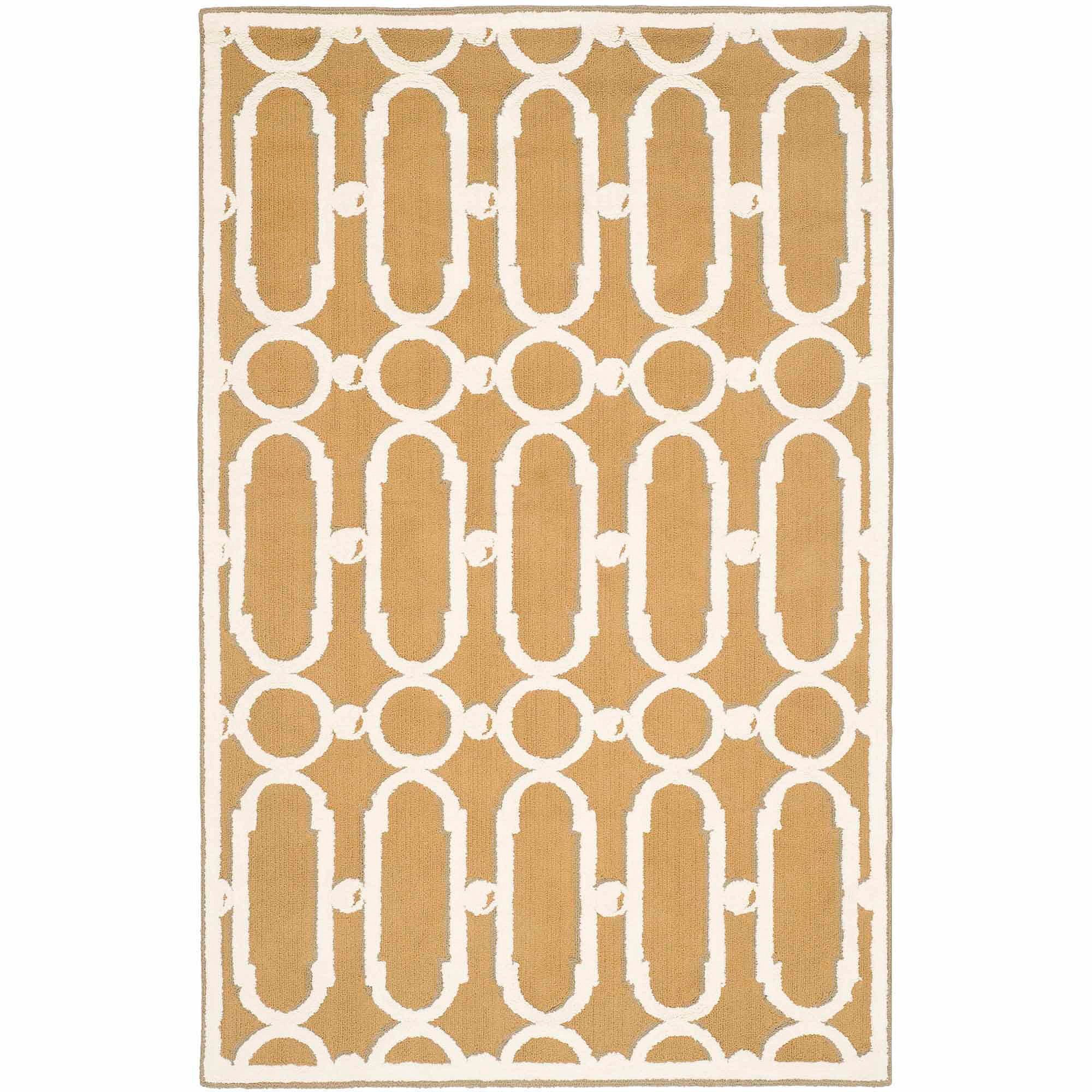 Hand-Hooked Olive and White Rectangular Area Rug