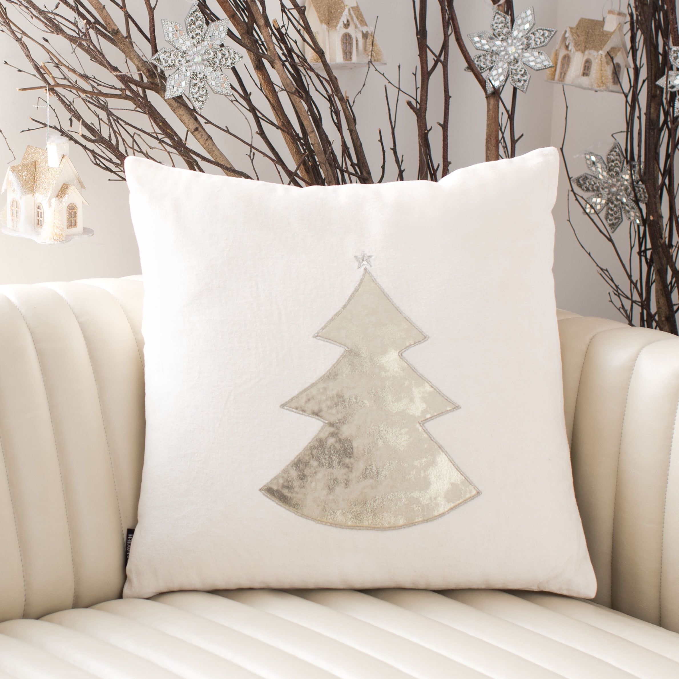 Beige Embroidered Velvet Christmas Tree Pillow 19"