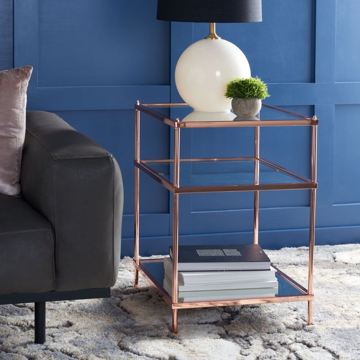 Elegant Rose Gold Mirrored Glass End Table with 3-Tier Design