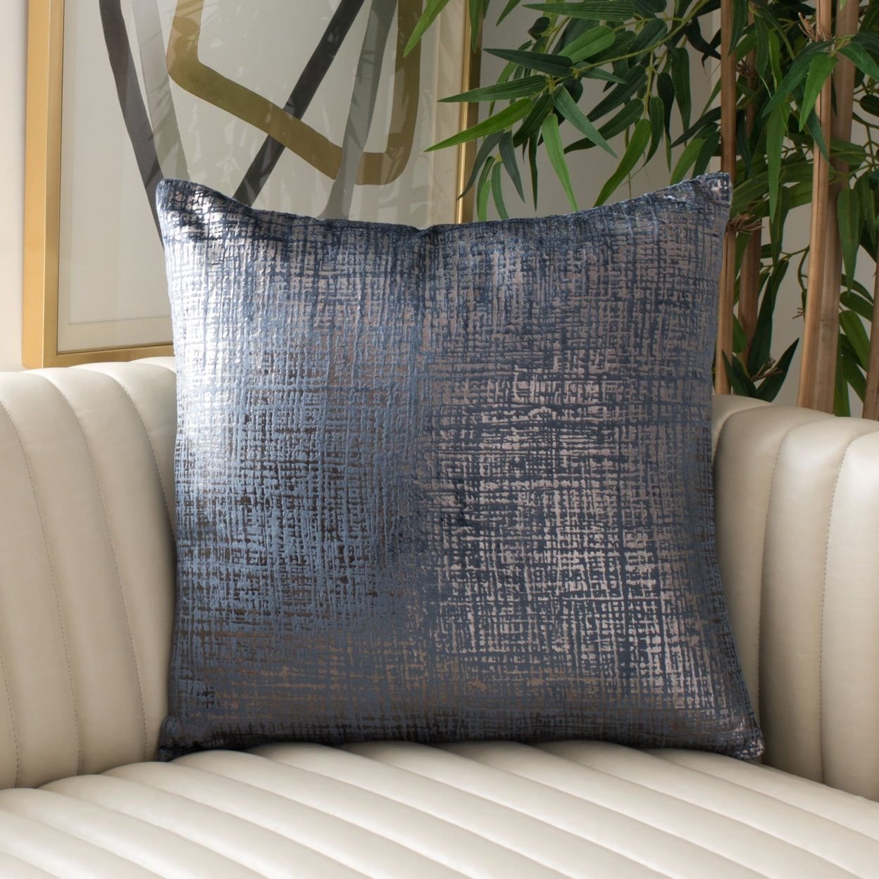 Blue and Gold Velvet Abstract Square Throw Pillow