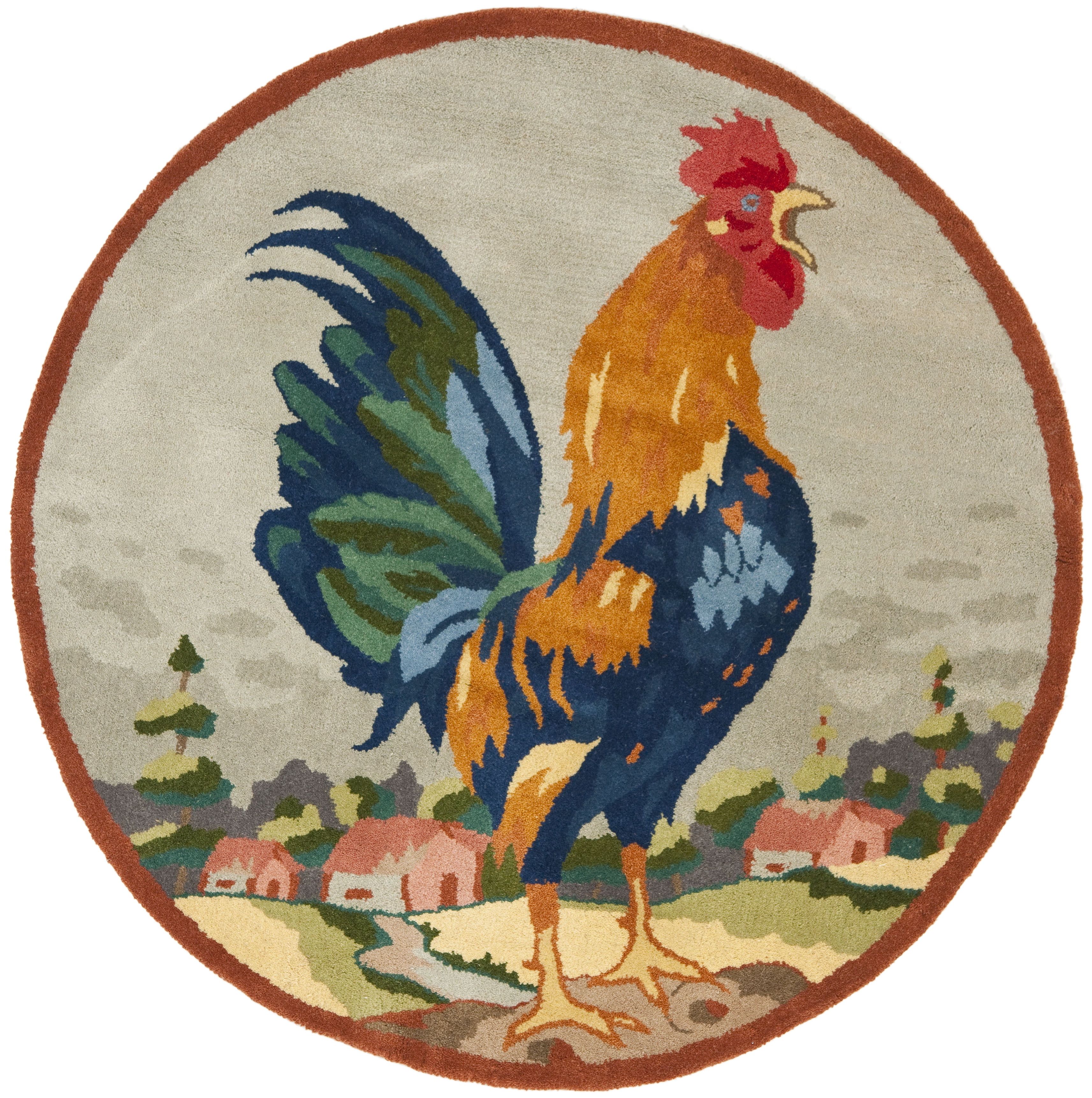 Ivory and Rust Hand-Tufted Wool Round Rooster Rug