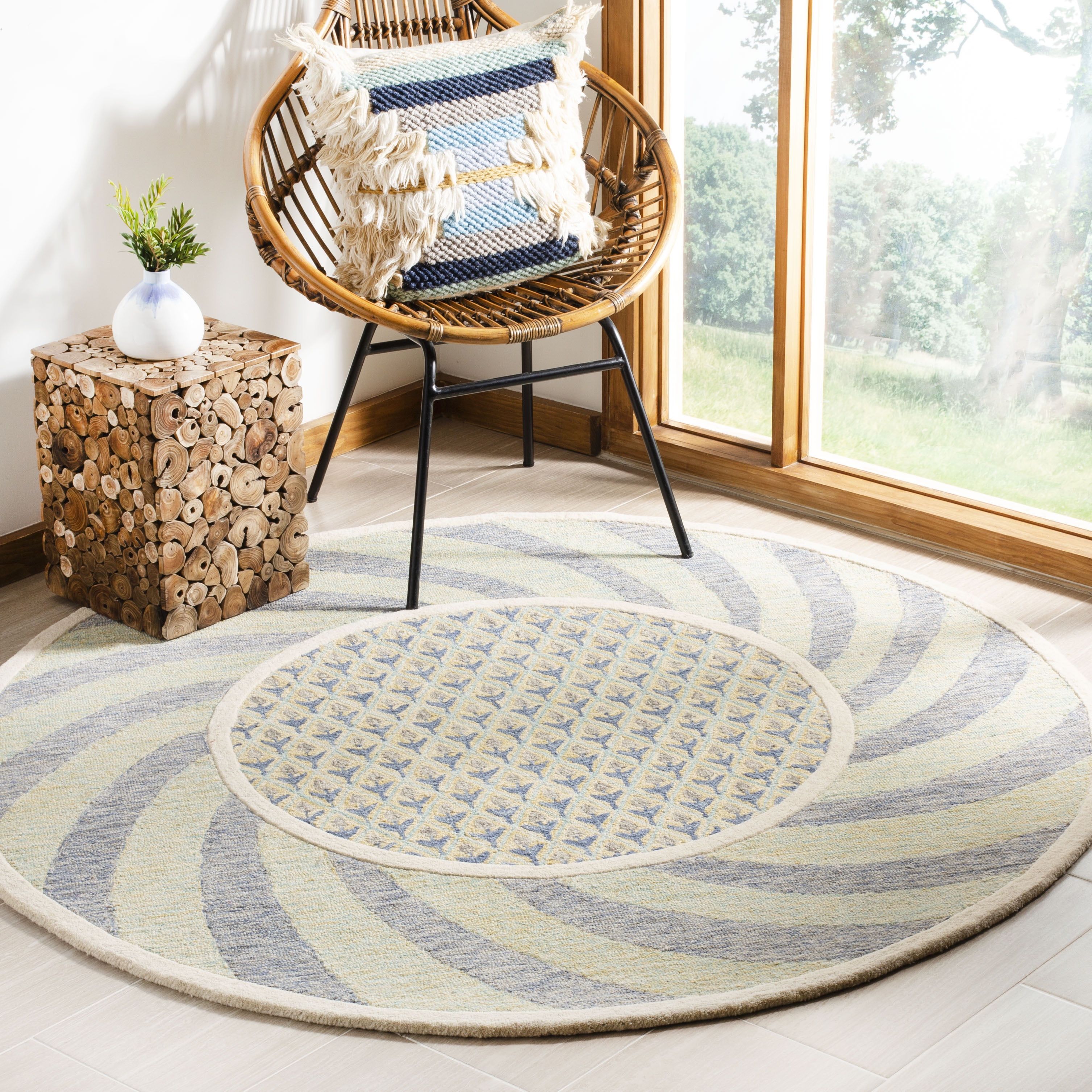 Ivory Blue and Gold Hand-Tufted Round Wool Rug