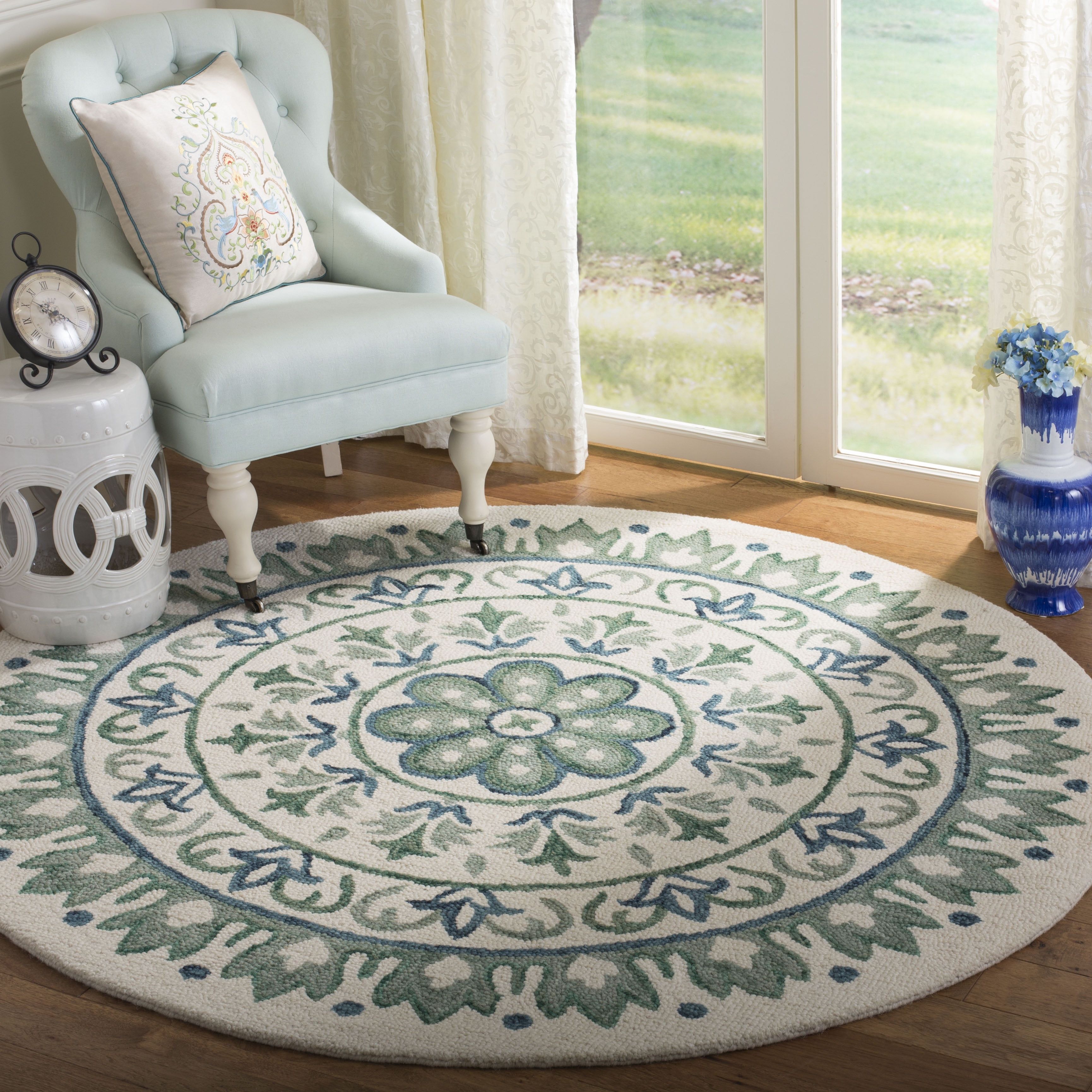 Ivory and Teal 4' Round Hand-Tufted Wool Rug