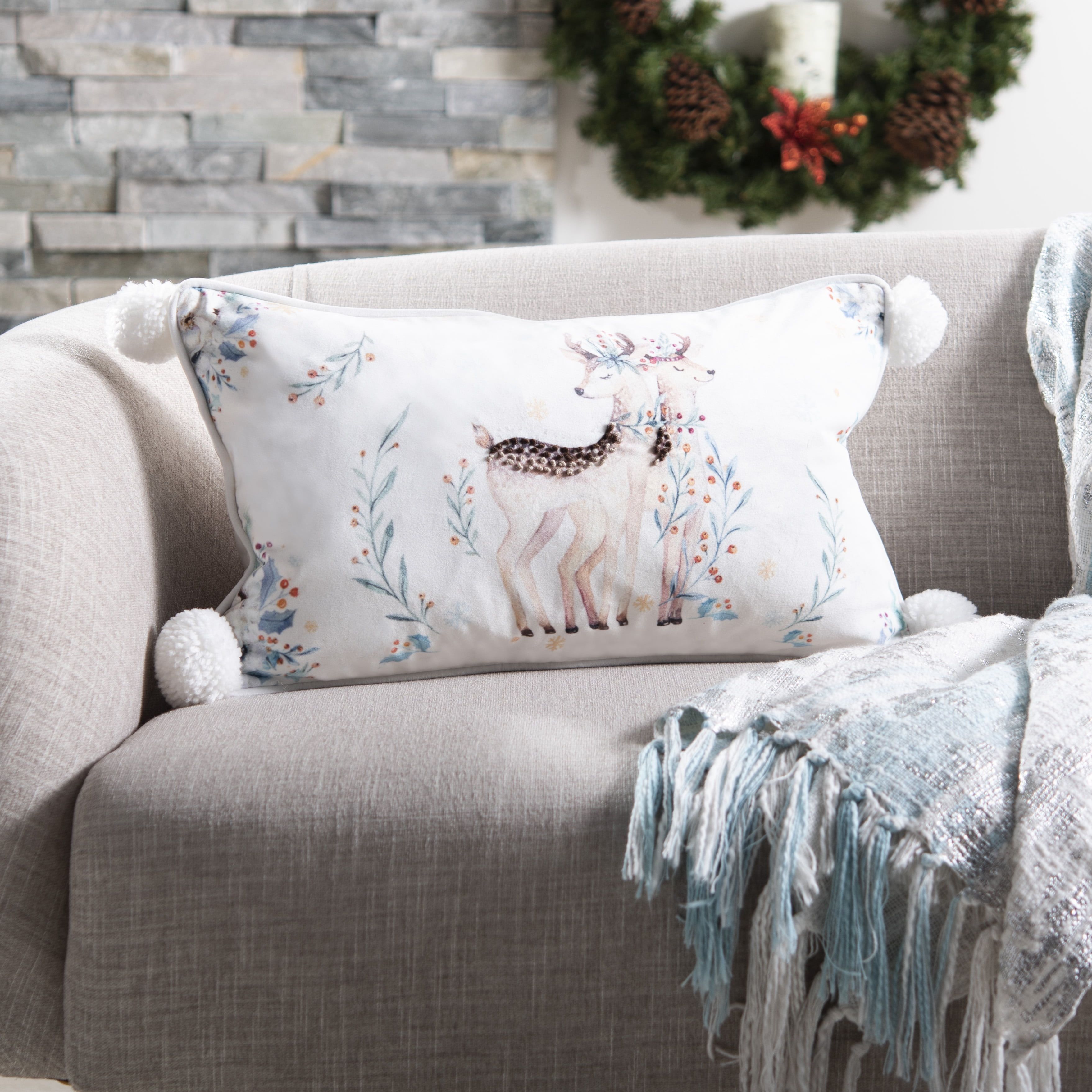 Nutmeg Brown and White Polyester Throw Pillow with Pom Poms