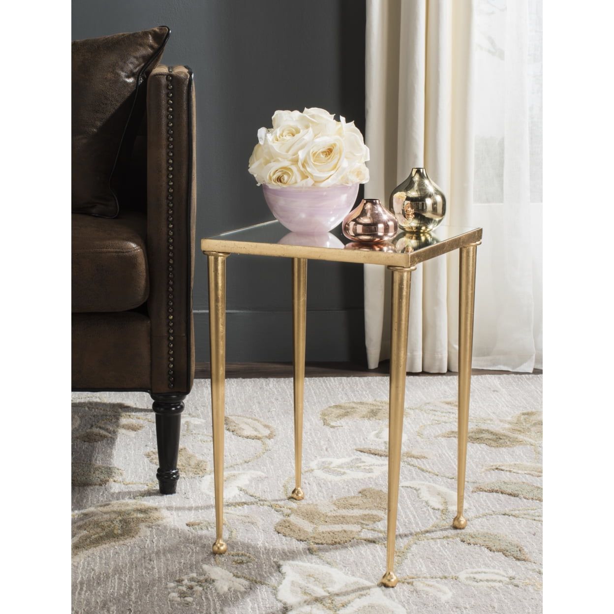 Nyacko 14" Square Gold Leaf Mirrored Transitional End Table