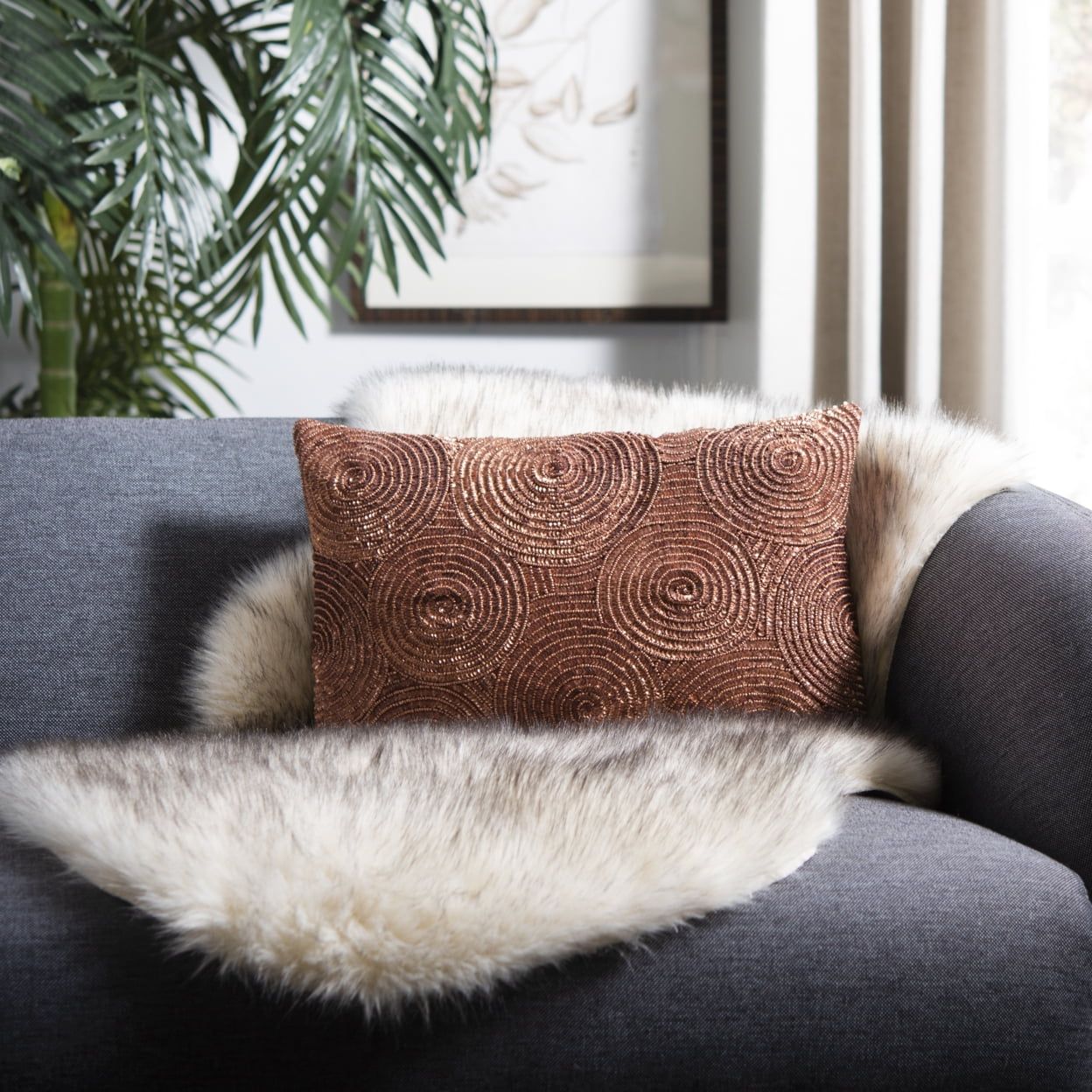 Burnt Orange Geometric Sequin Accent Pillow with Polyfill