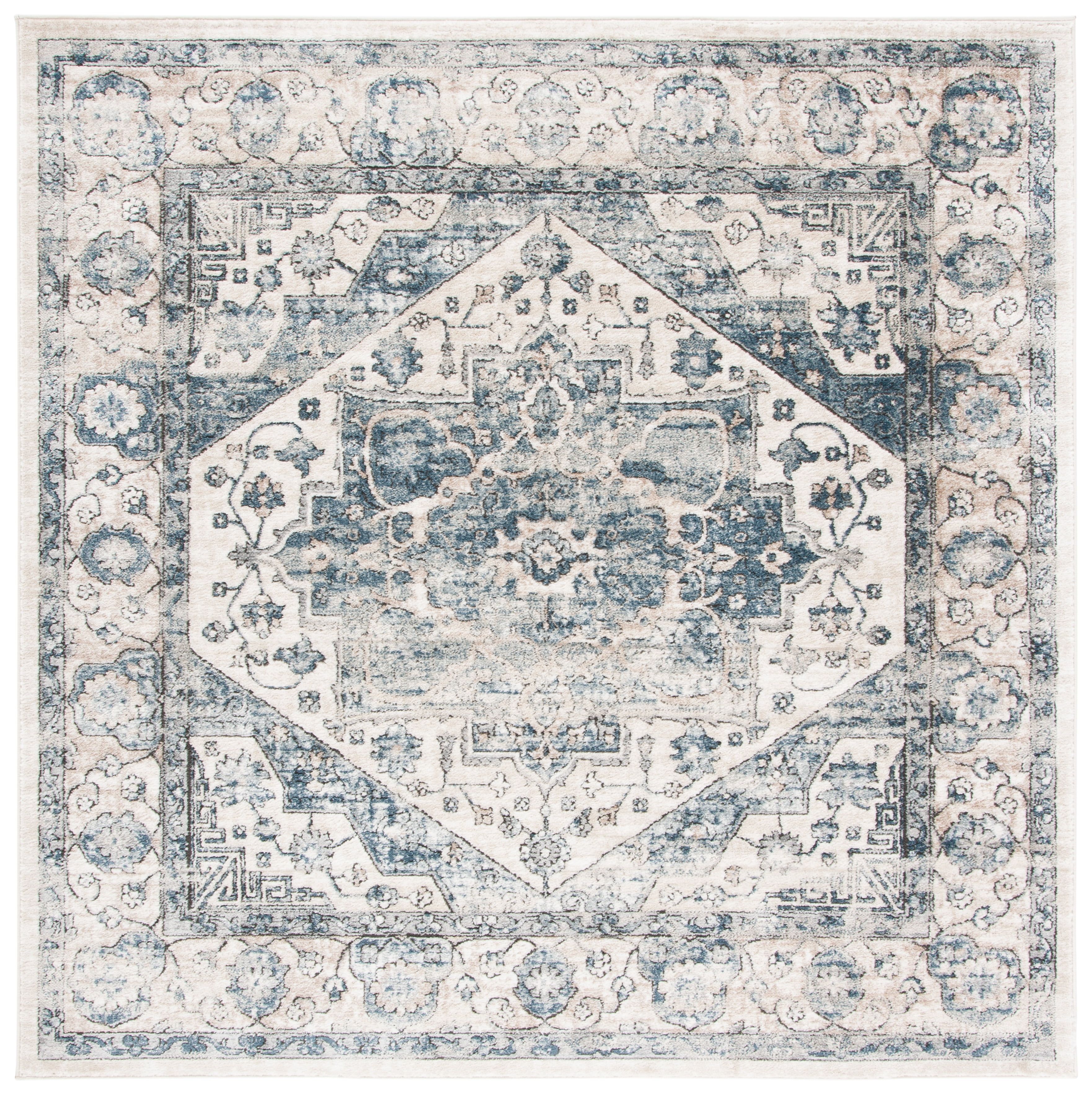 Ivory and Blue Synthetic Square Medallion Area Rug