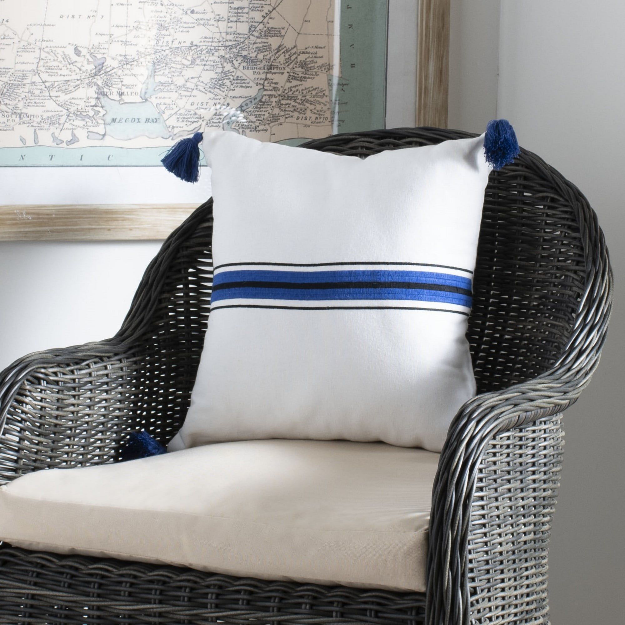 Orlanda 16'' Blue and White Cotton Throw Pillow with Tassels