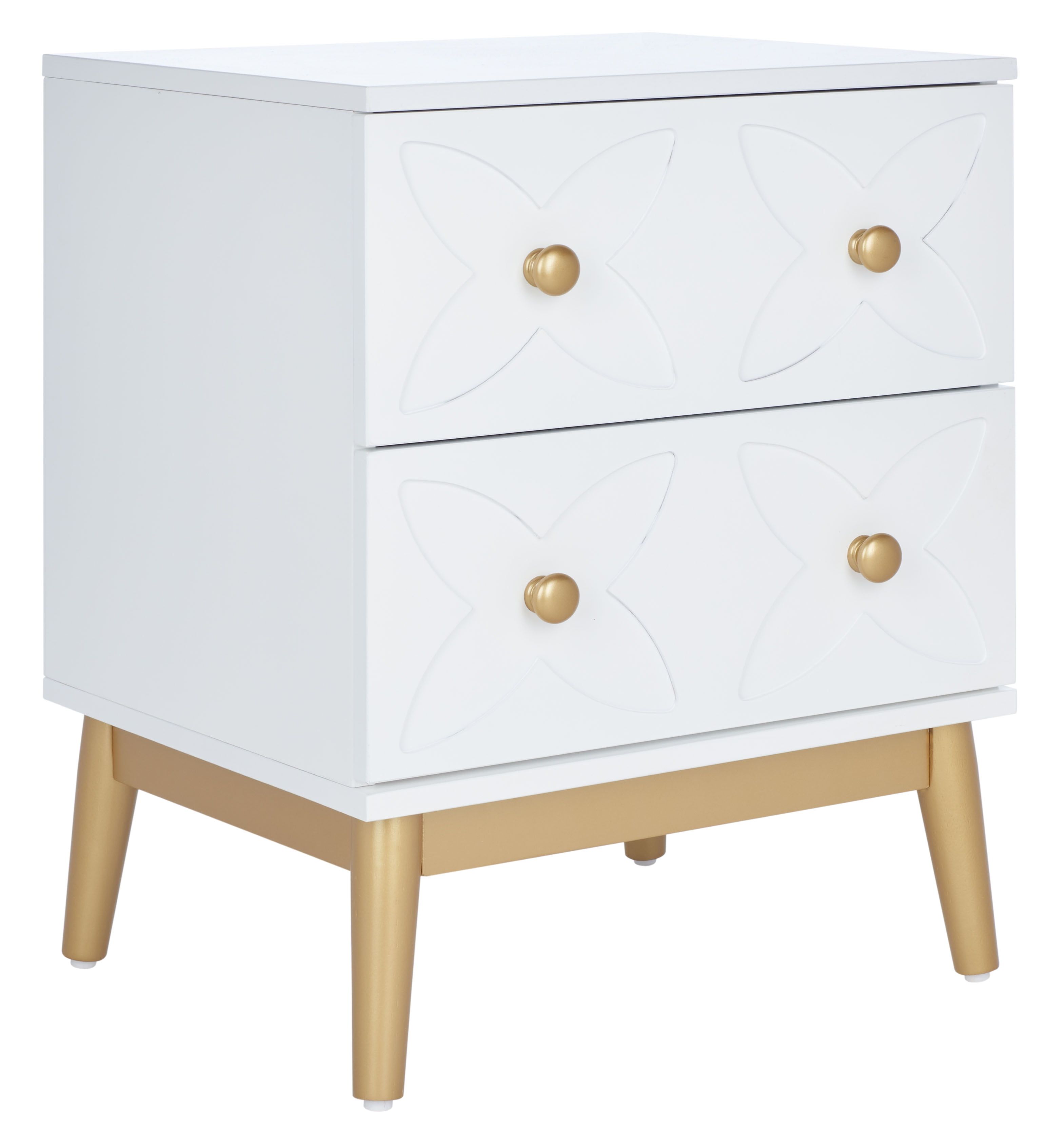 White and Gold 2-Drawer Floral Patterned Nightstand