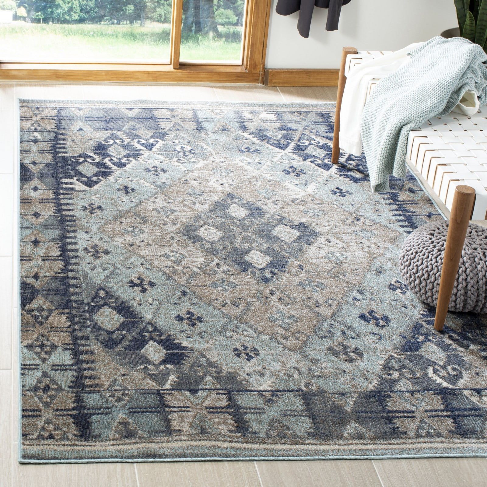 Blue and Gray Geometric 9' x 12' Synthetic Area Rug