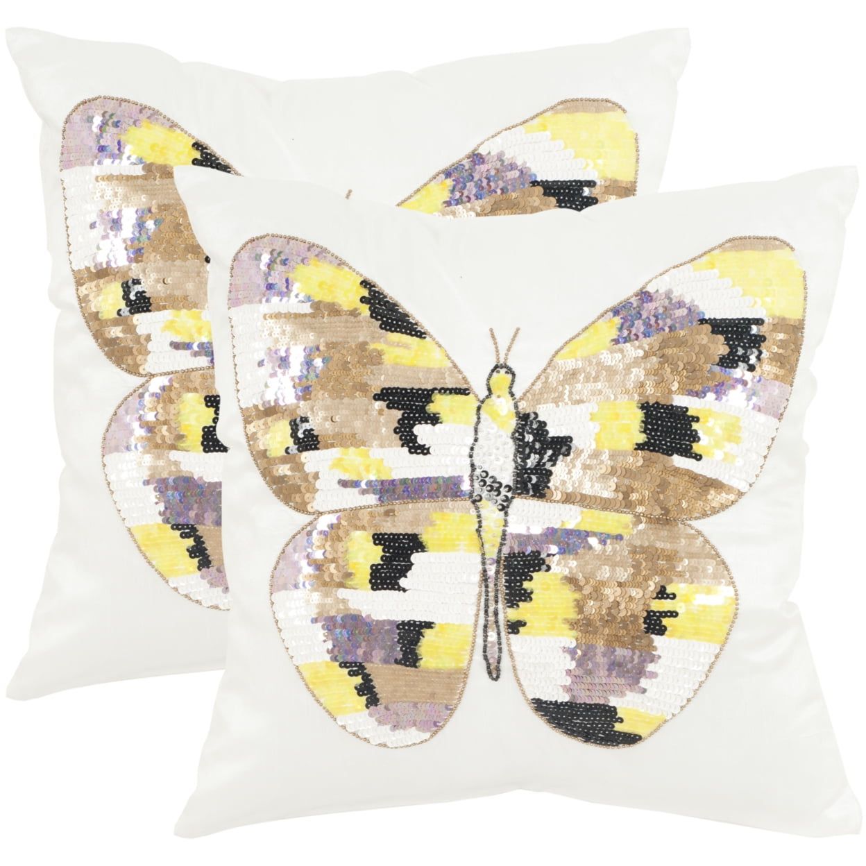 Beige and White Embroidered Butterfly Accent Pillows, Set of 2