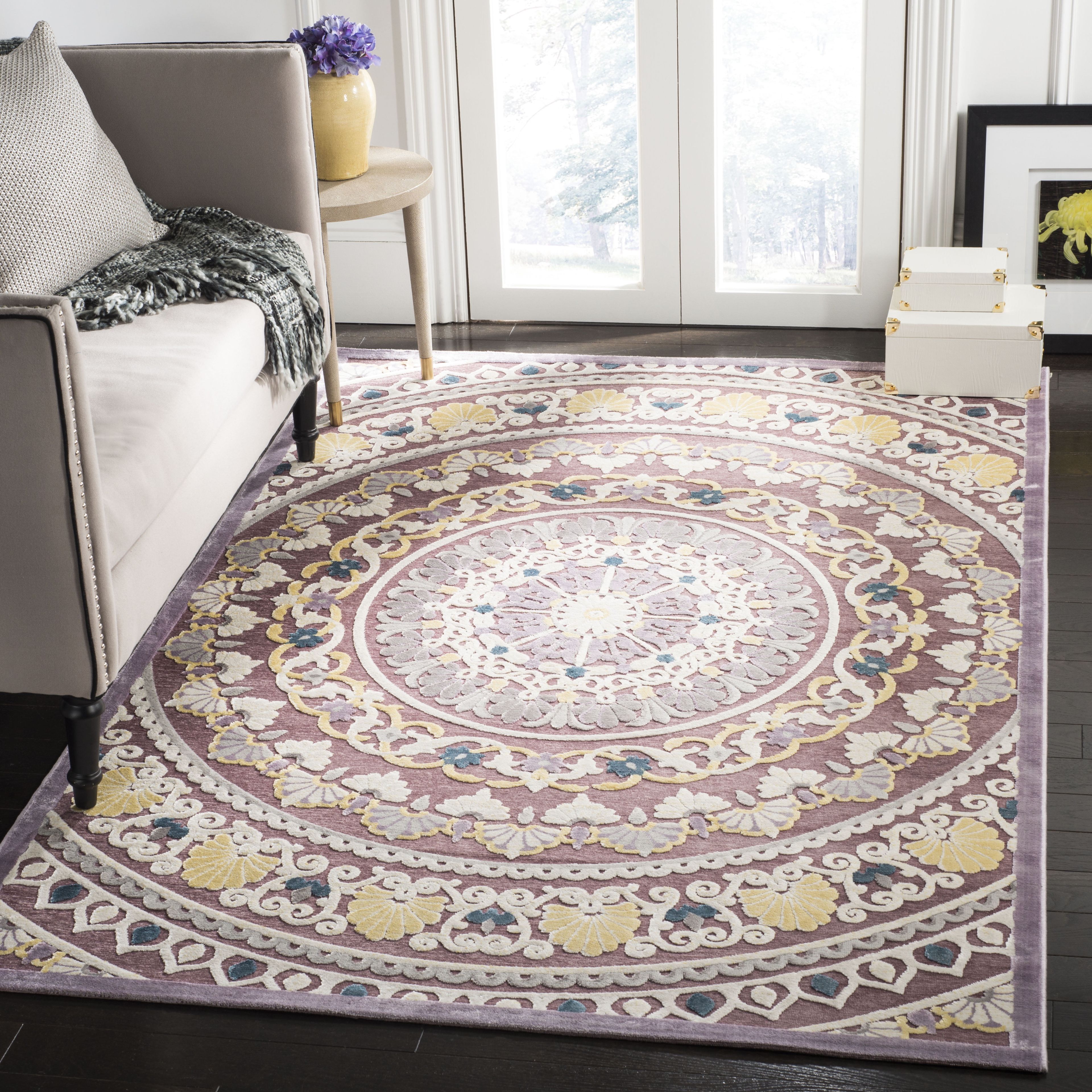 Purple and Cream Floral Medallion Viscose Area Rug, 5'1" x 7'6"