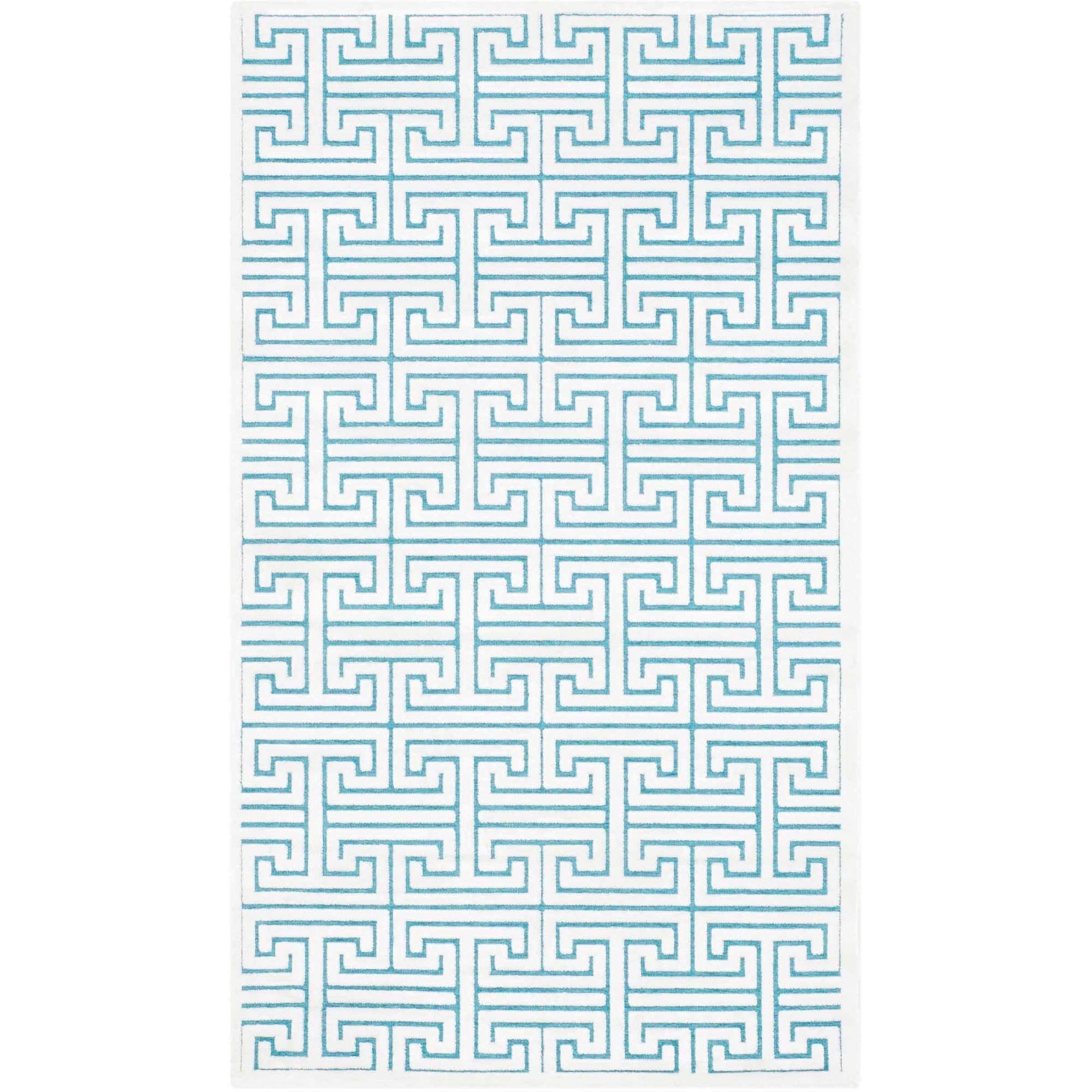 Ivory and Turquoise Geometric Wool and Viscose Area Rug, 3' x 5'