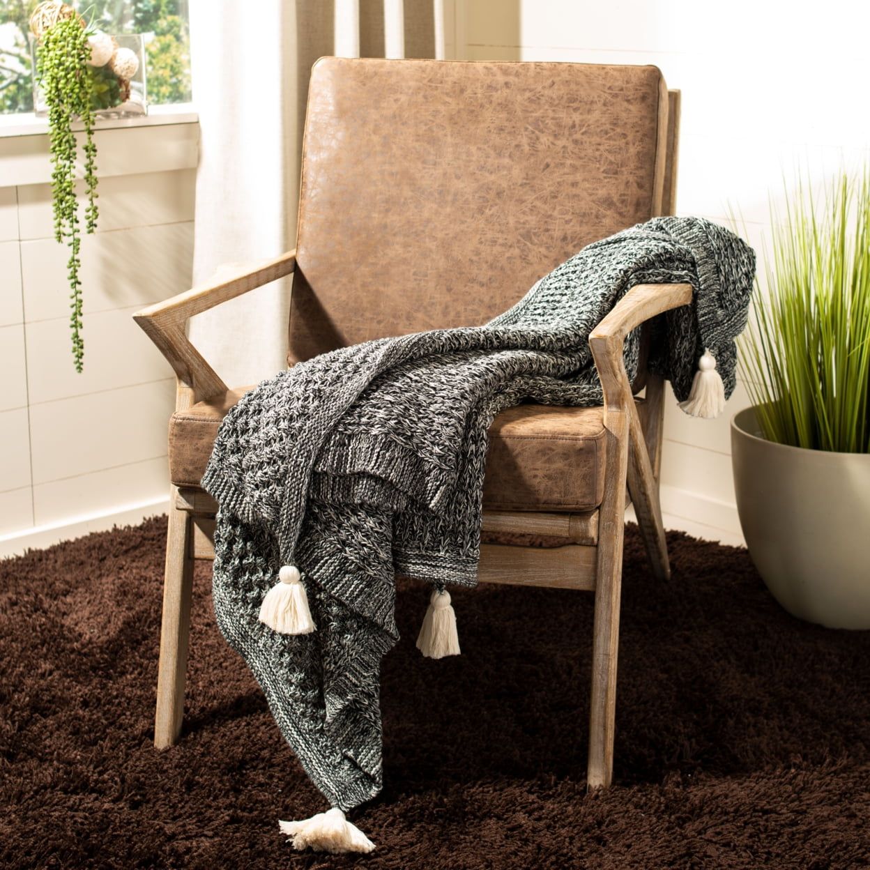 Beige and Black Cotton Knitted Tassel Throw Blanket