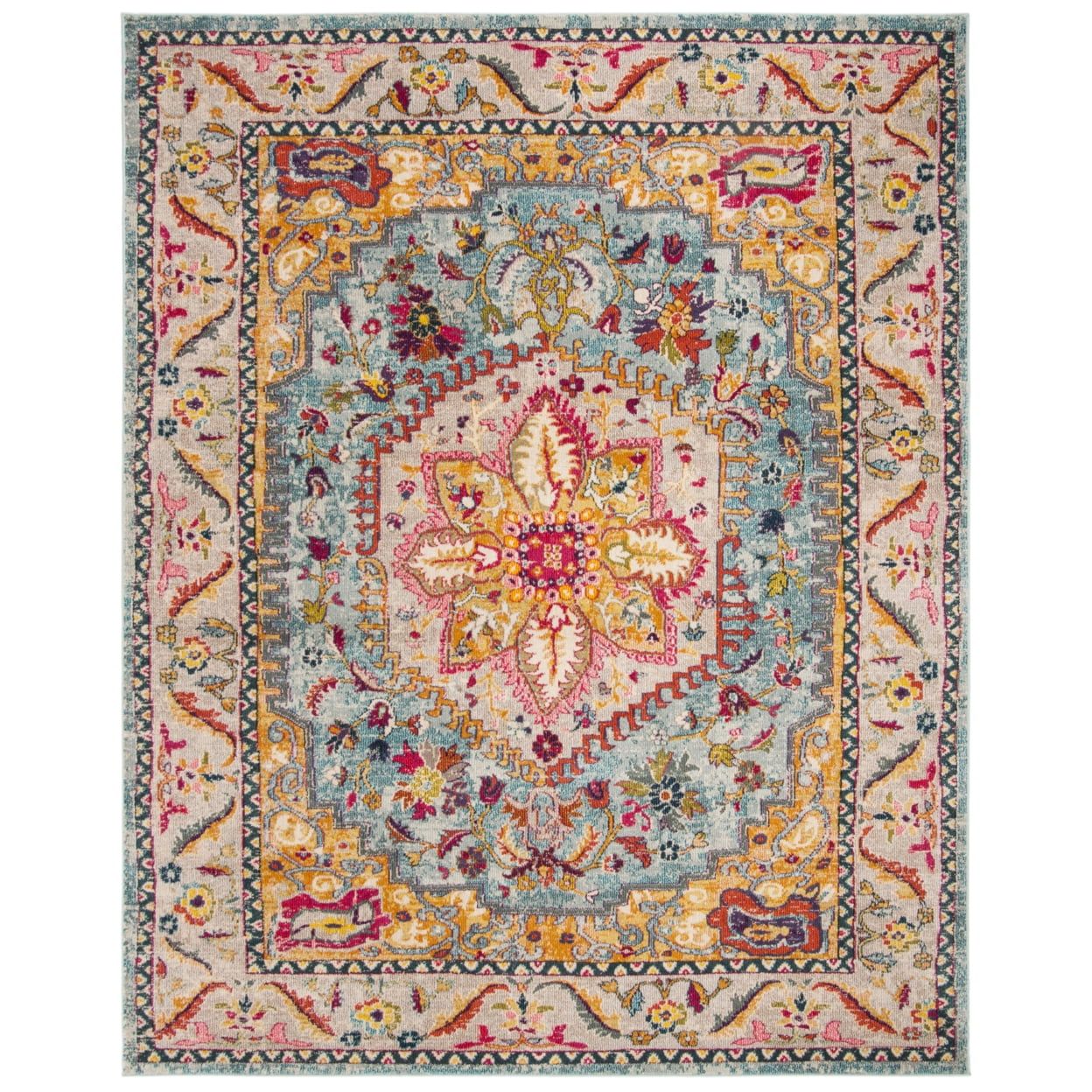 Turquoise and Beige Synthetic Medallion Area Rug, 10' x 14'