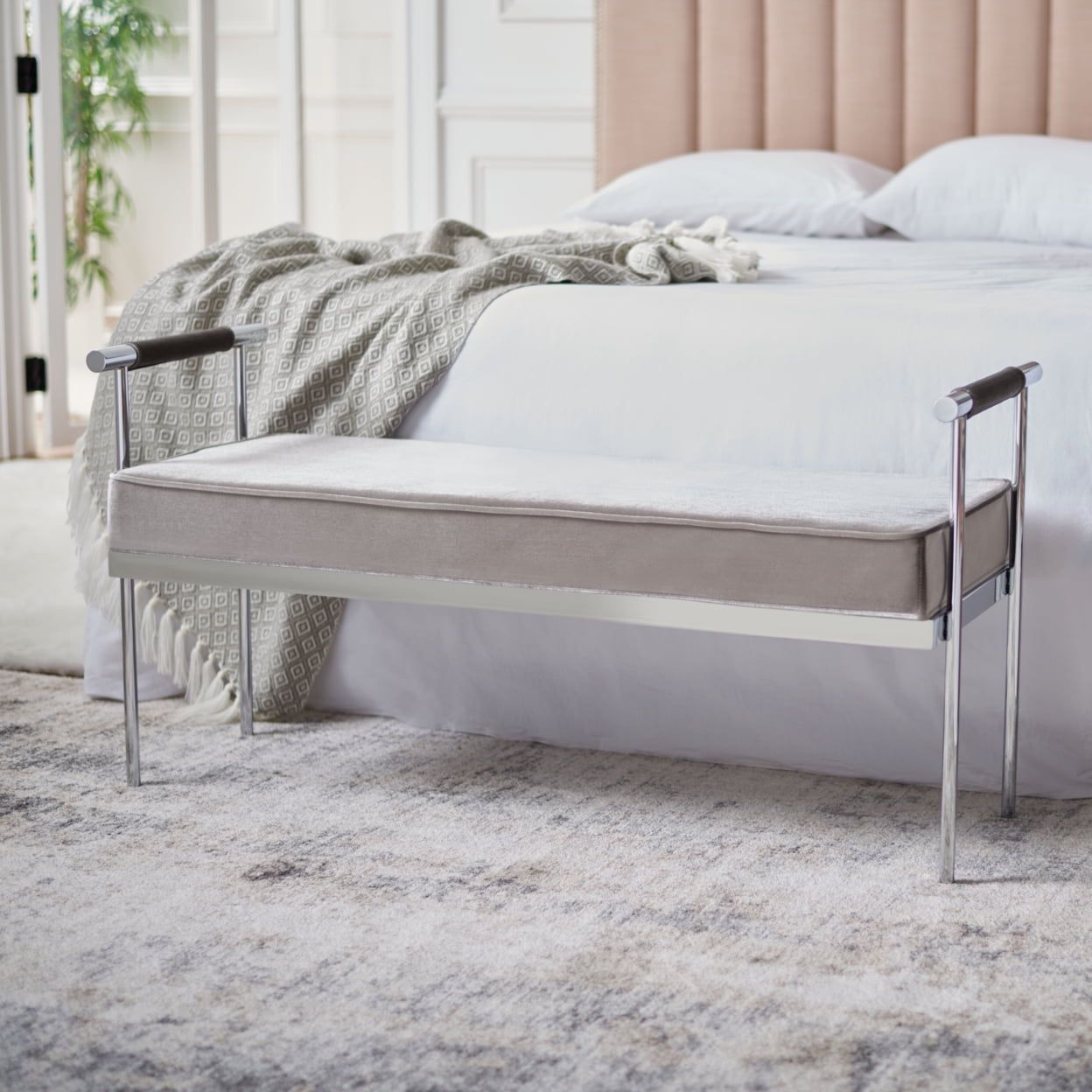 Hazelwood Velvet 49" Long Rectangle Bench with Chrome Arms