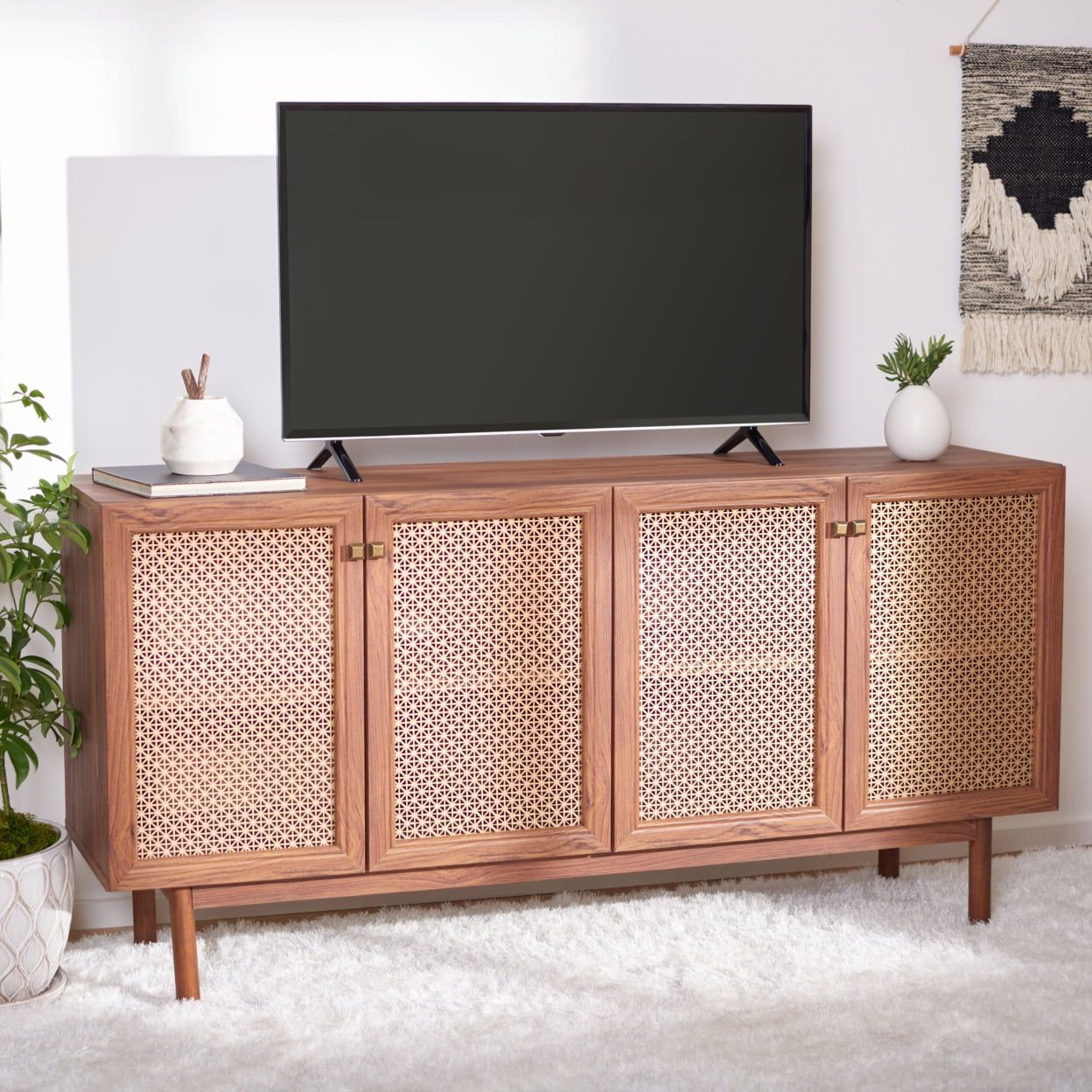 Walnut and Gold 63" Media Stand with Mesh Doors