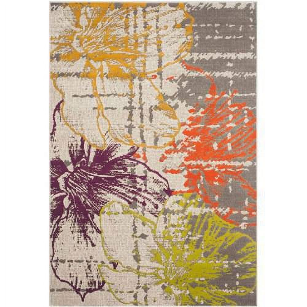 Ivory and Grey Floral Synthetic Square Rug
