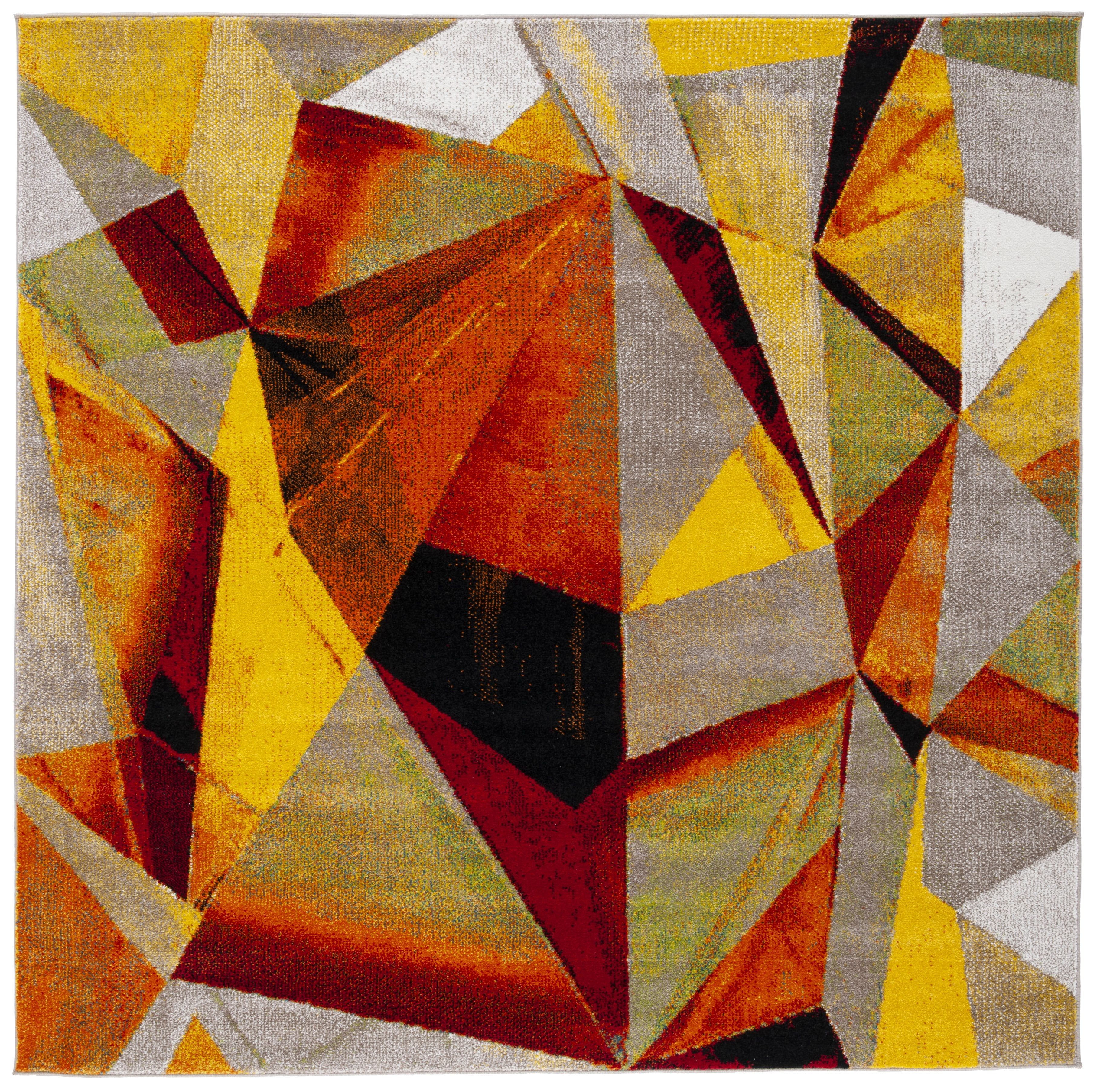 Square Geometric Orange and Red Synthetic Area Rug