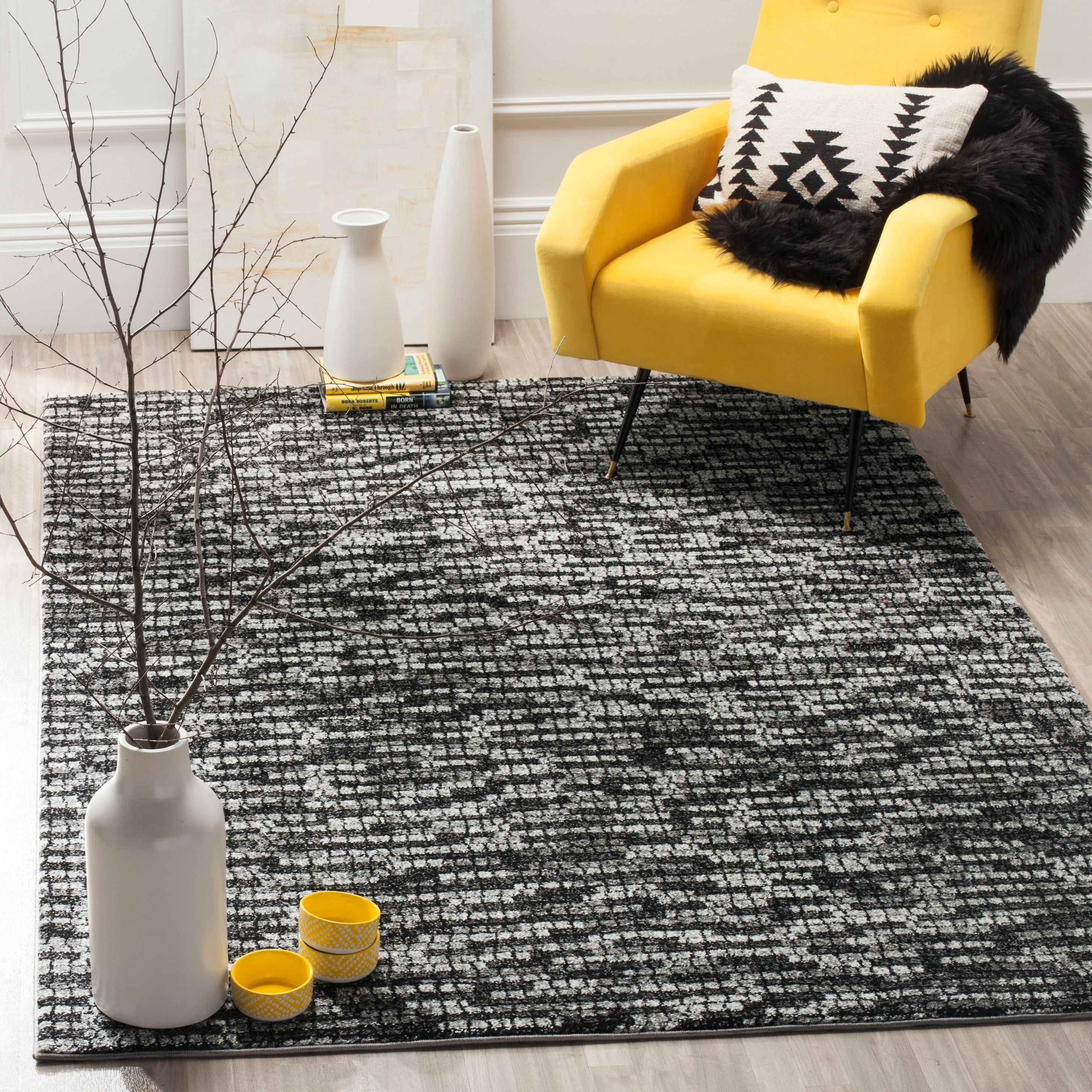 Light Grey and Charcoal Floral Synthetic Square Rug, 6'7" x 6'7"