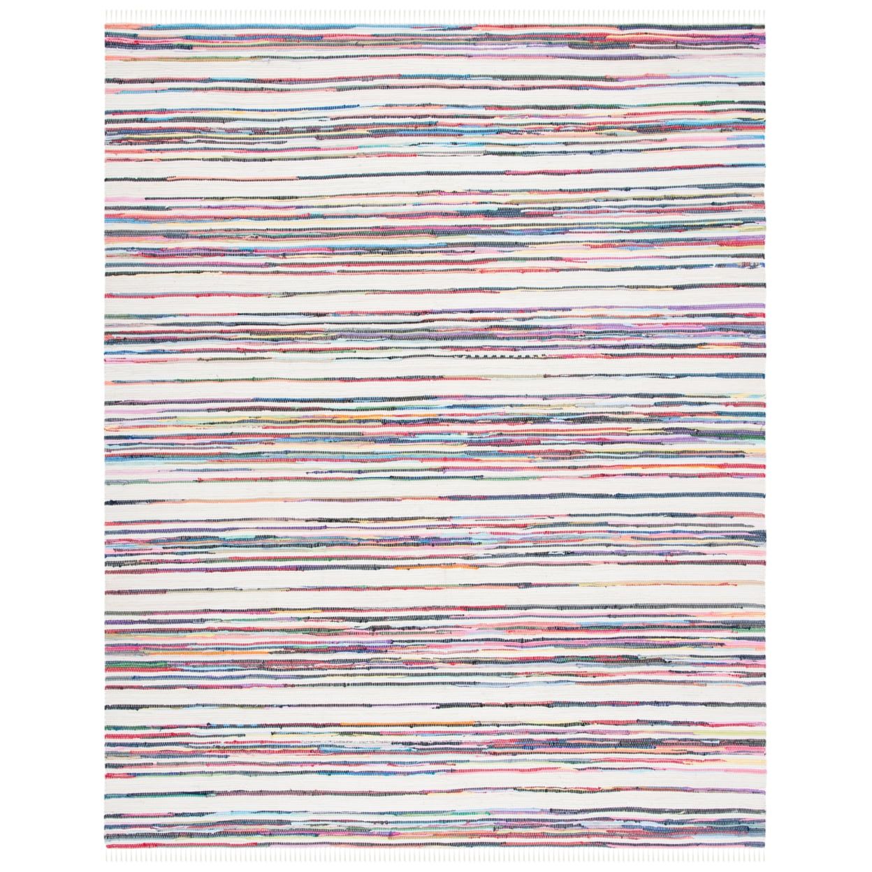 Ivory and Multi Stripe Handmade Cotton Area Rug, 9' x 12'