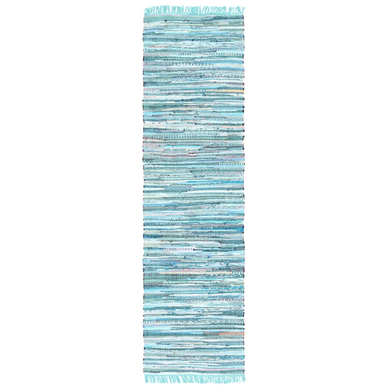 Handmade Turquoise and Multicolor Cotton Stripe Runner Rug, 2'3" x 12'