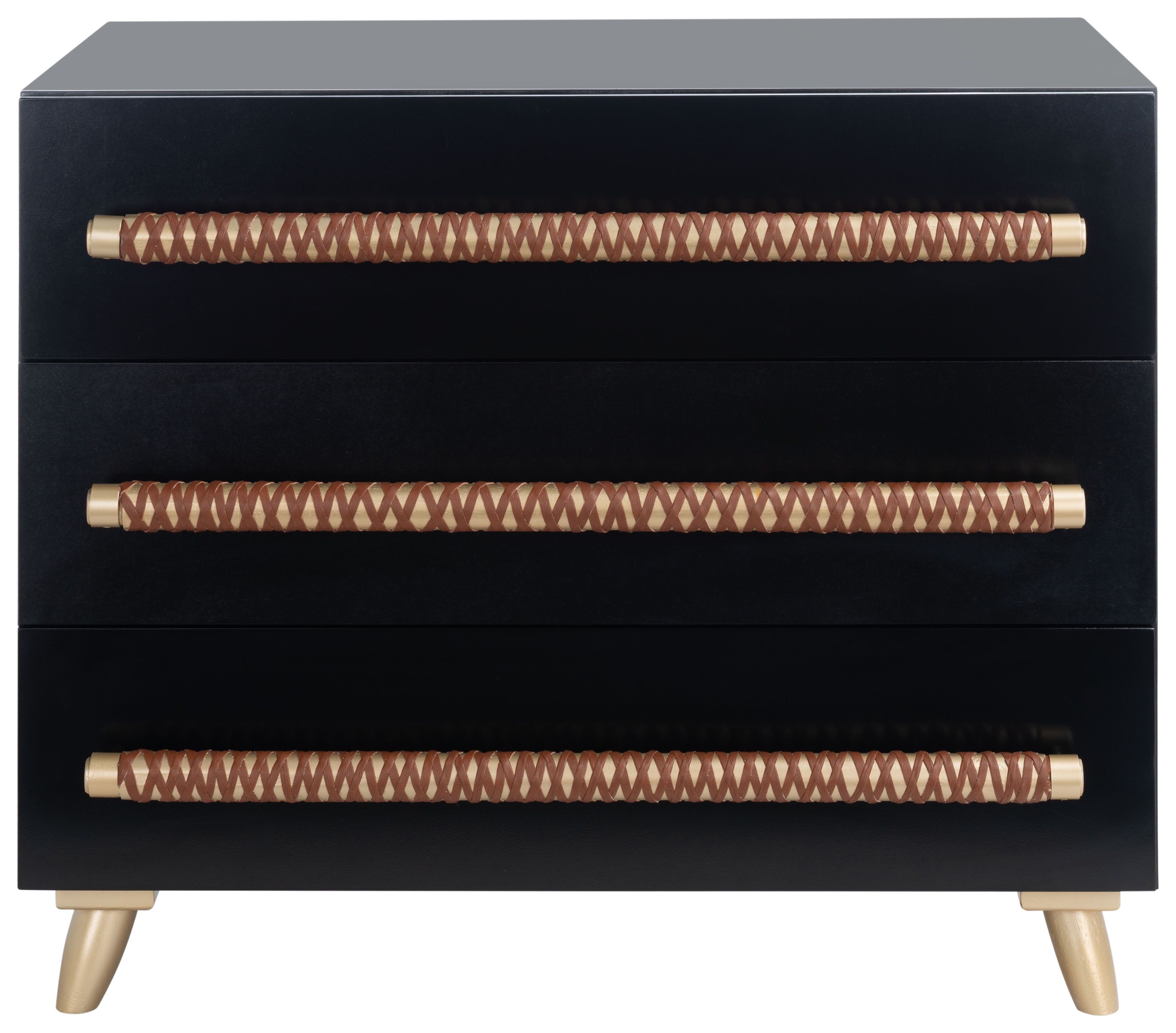 Raquel Mid-Century Black and Gold 3-Drawer Chest with Faux Leather Accents