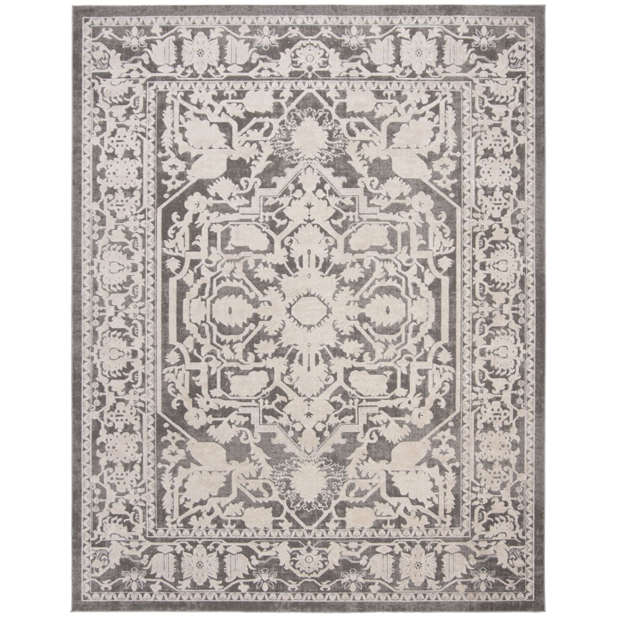 Dark Gray Floral Cotton Synthetic Area Rug, 9' x 12'