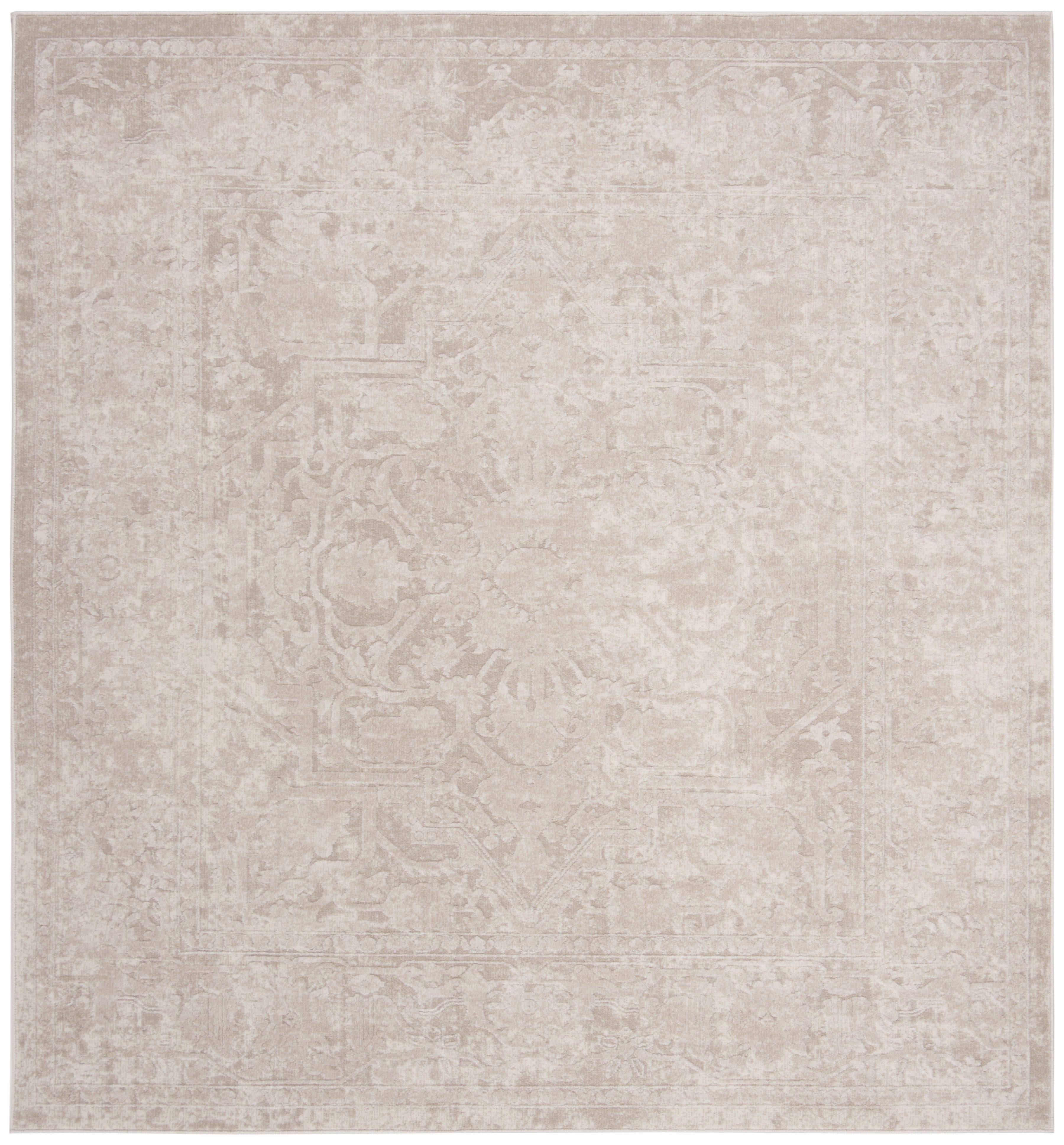 Cream Ivory Square Oriental Synthetic Area Rug 8' x 8'