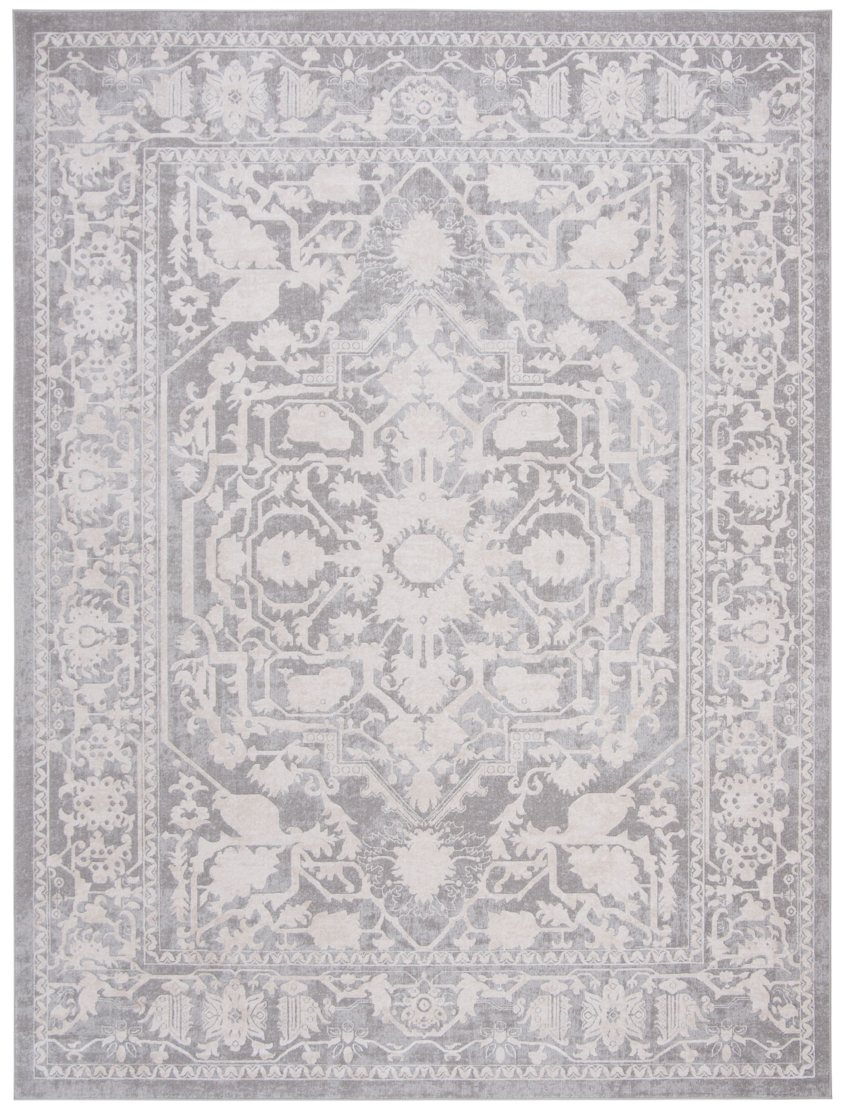 Light Grey and Cream Floral Synthetic Area Rug, 11' x 15'