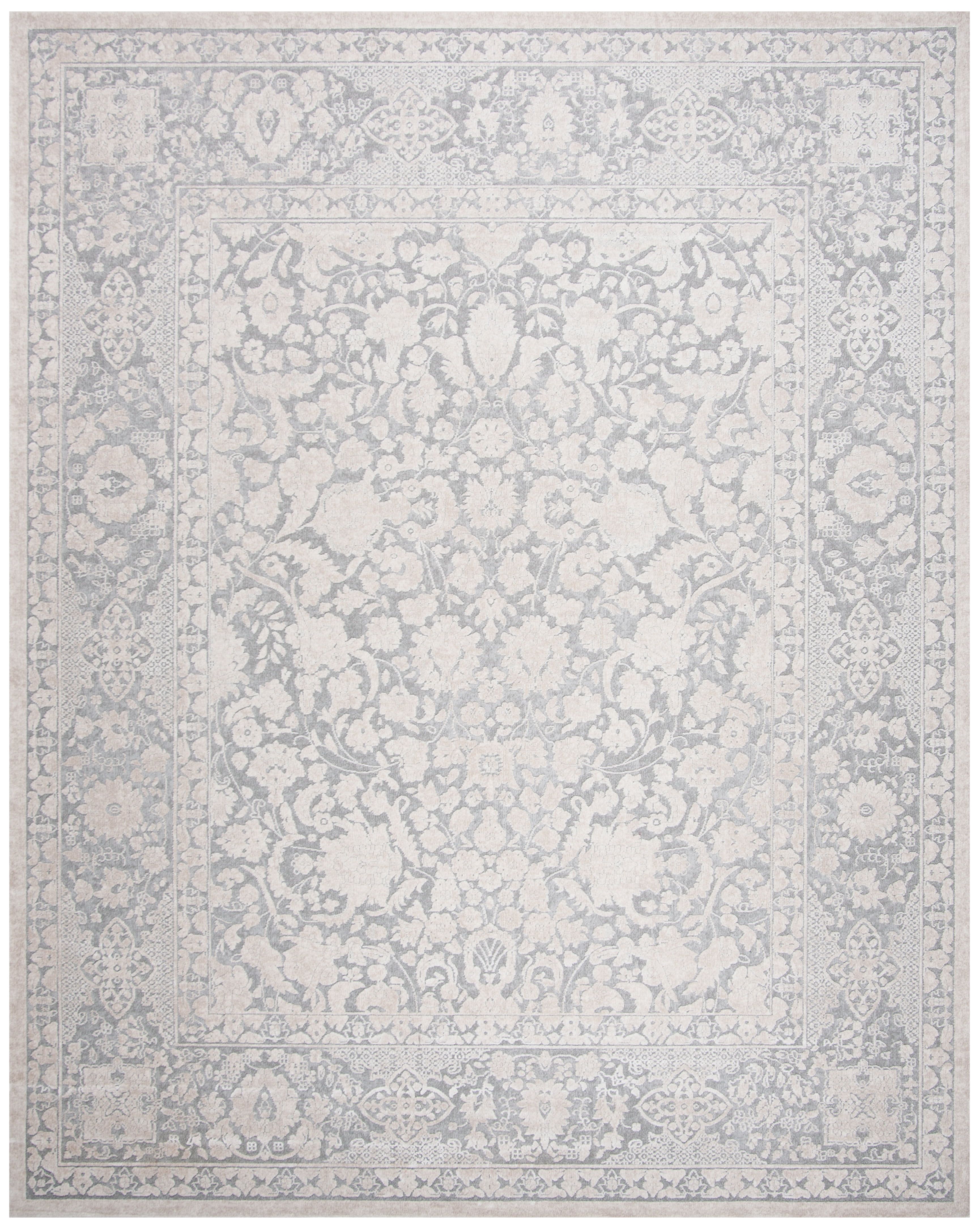 Elegant Light Grey and Cream Floral 9' x 12' Synthetic Area Rug