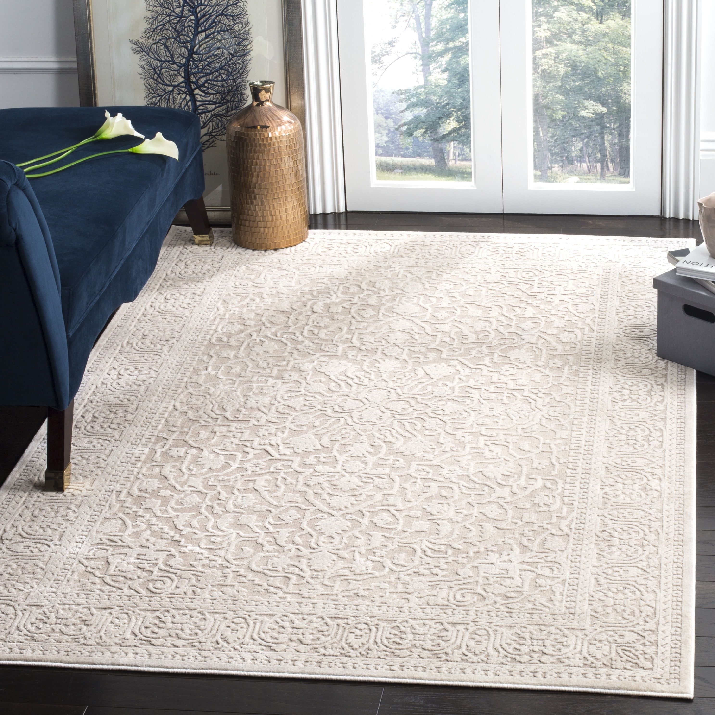 Beige and Cream Floral Synthetic Area Rug, 10' x 14'