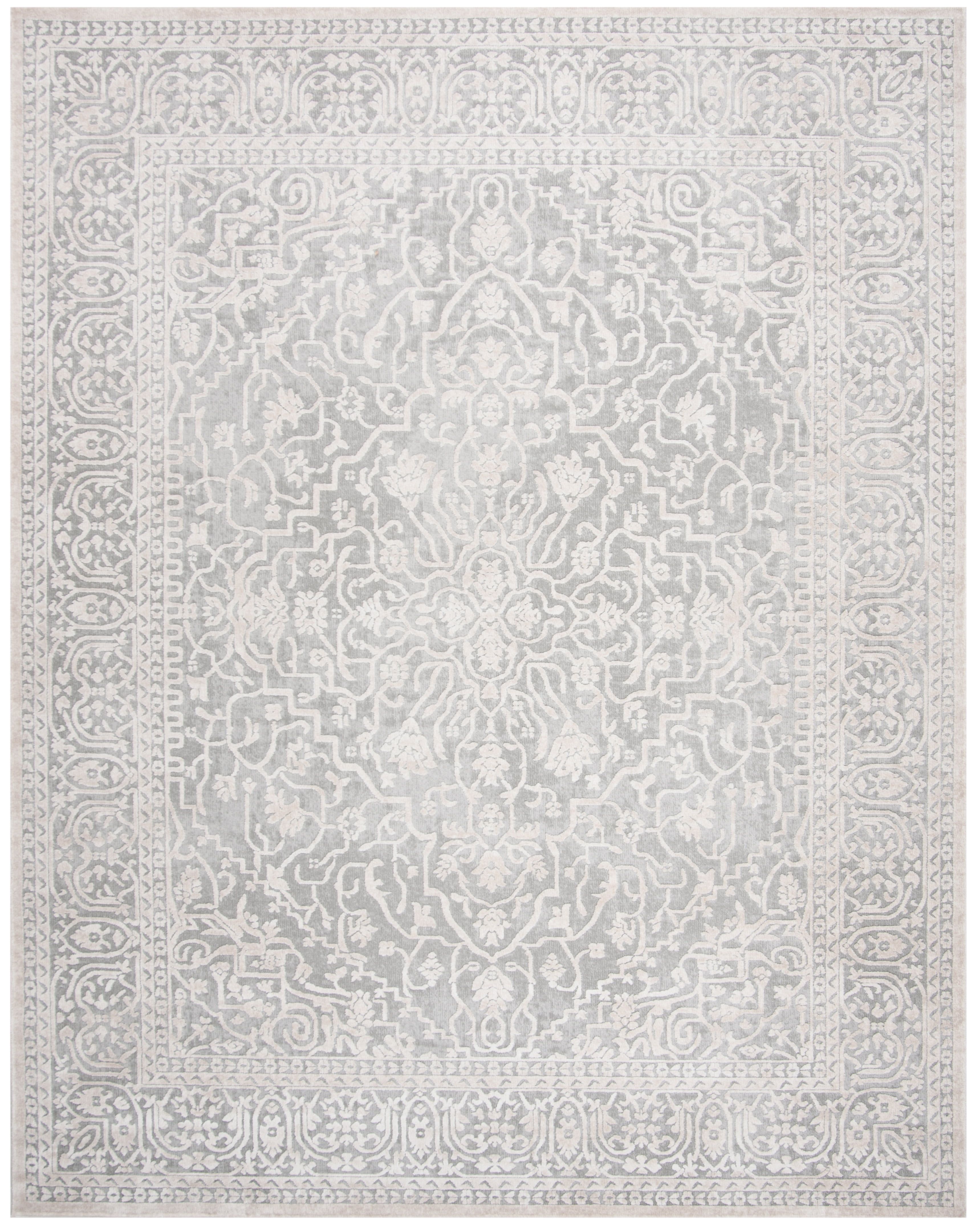 Elegant Light Grey & Cream Floral Synthetic Area Rug, 9' x 12'