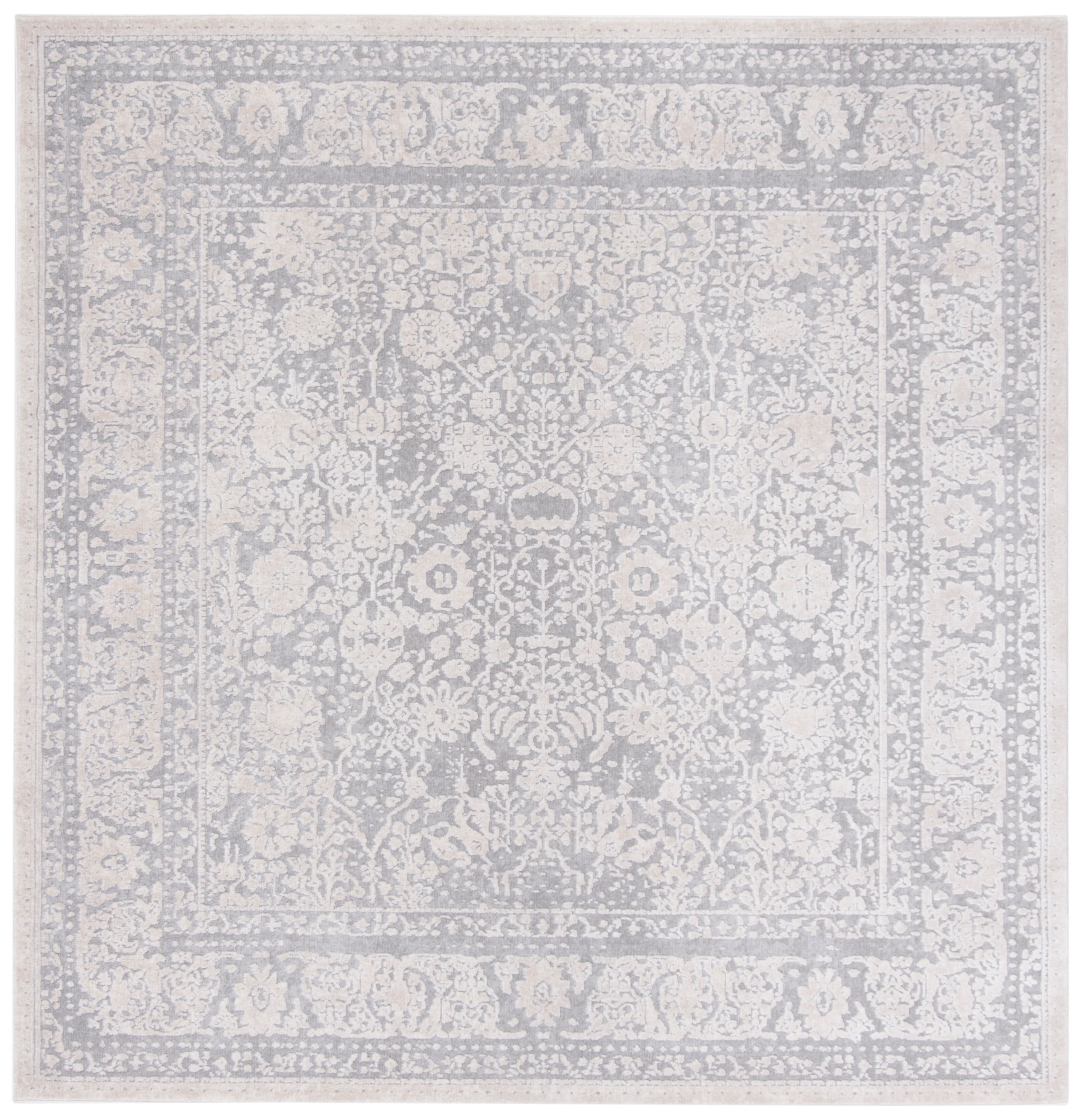 Elegant Light Grey and Cream Floral 8' Square Synthetic Area Rug