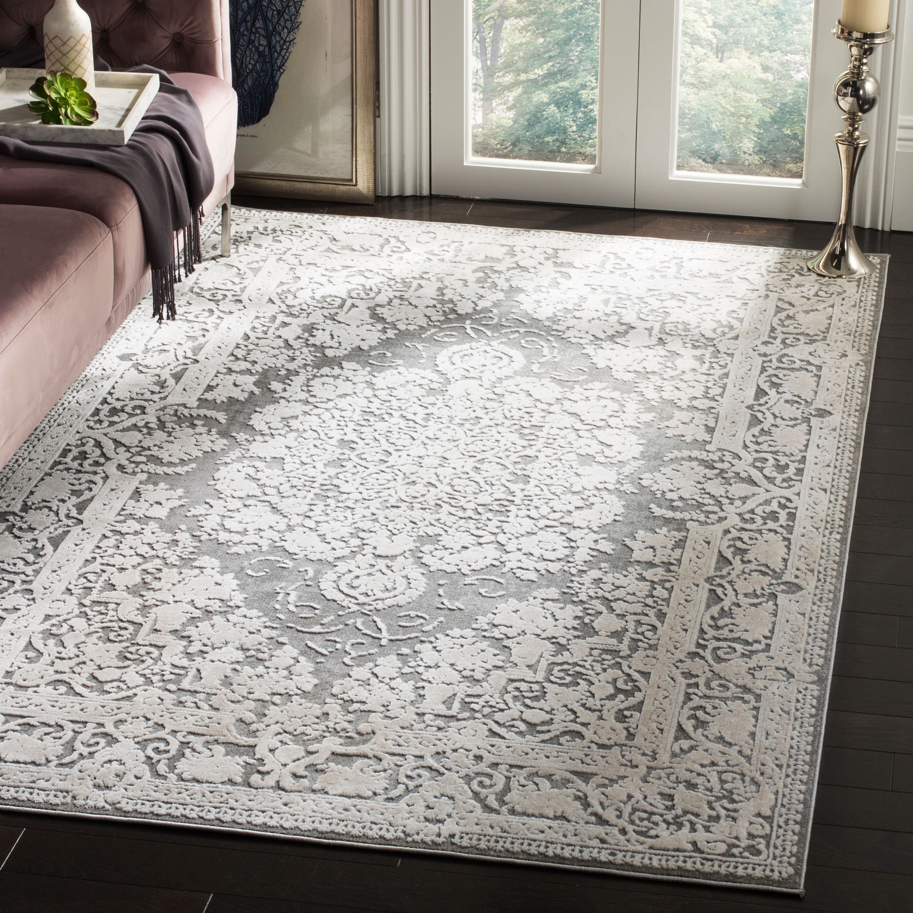 Dark Grey and Cream Cotton Synthetic Bohemian Area Rug