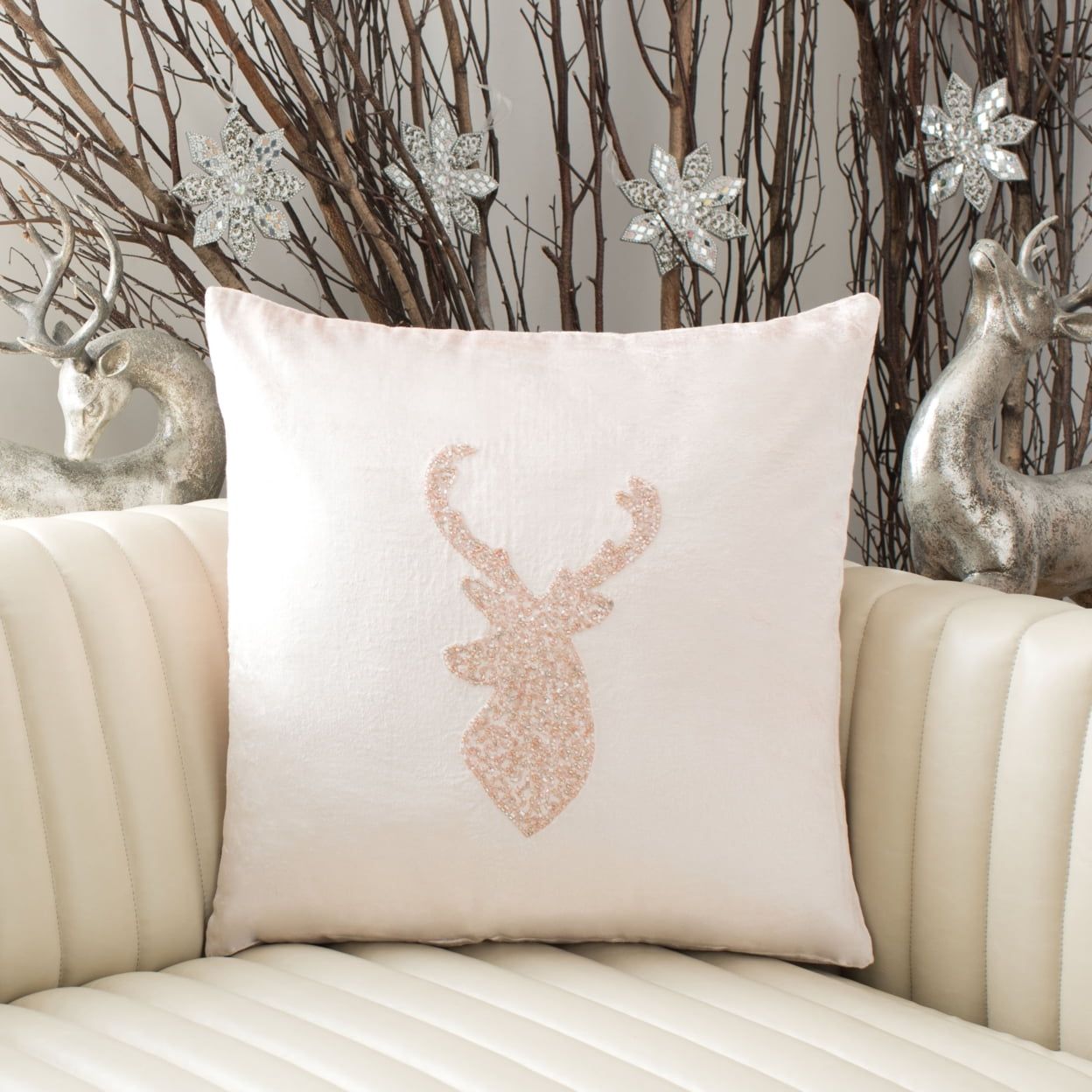 Blush Velvet Reindeer Christmas Throw Pillow