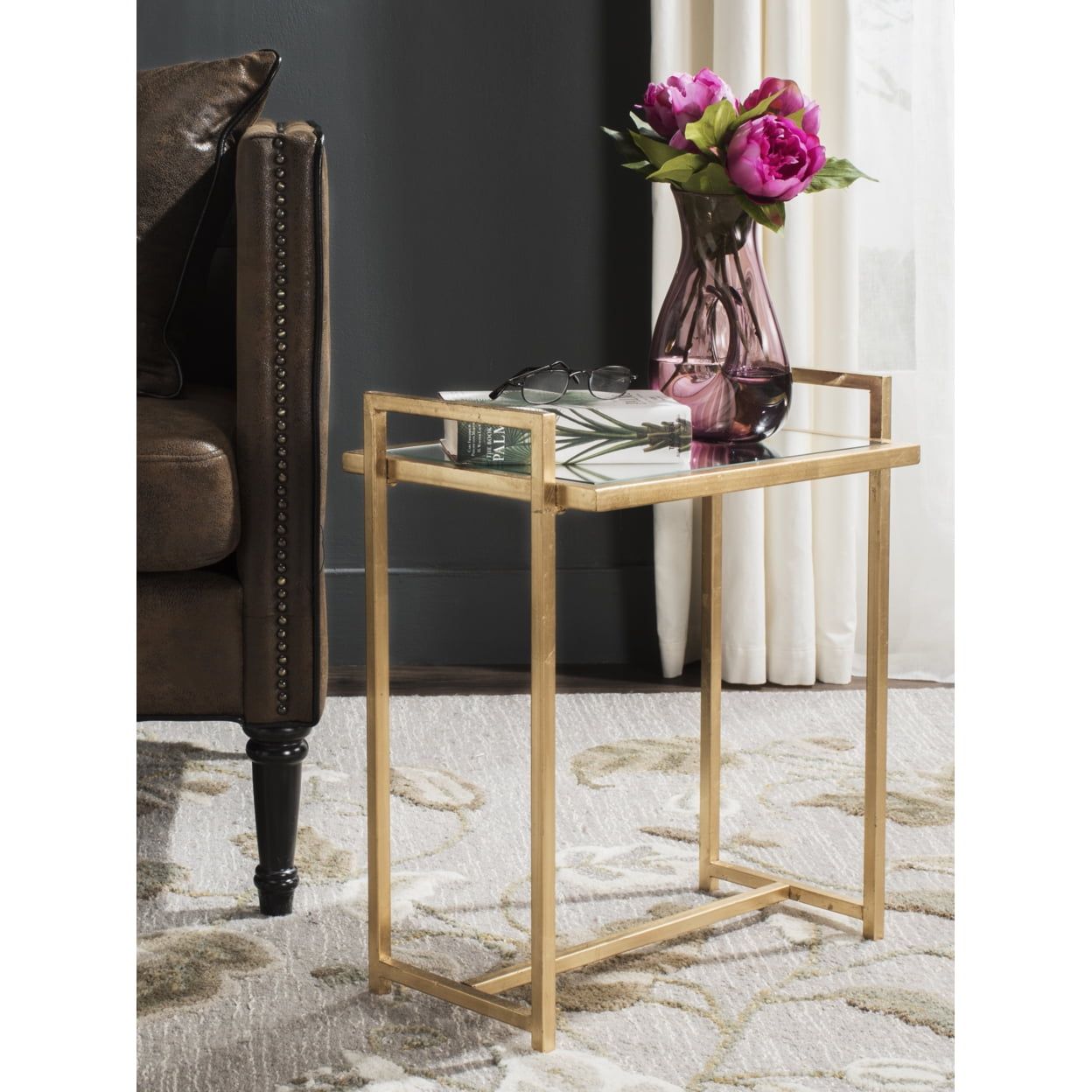 Elegant Gold Leaf and Glass Rectangular End Table