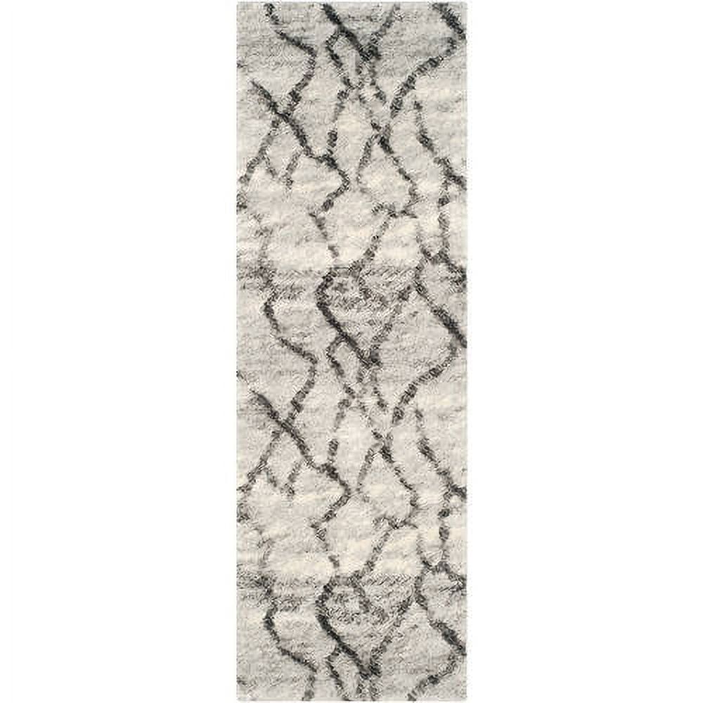 Light Grey and Black Abstract Shag Runner Rug