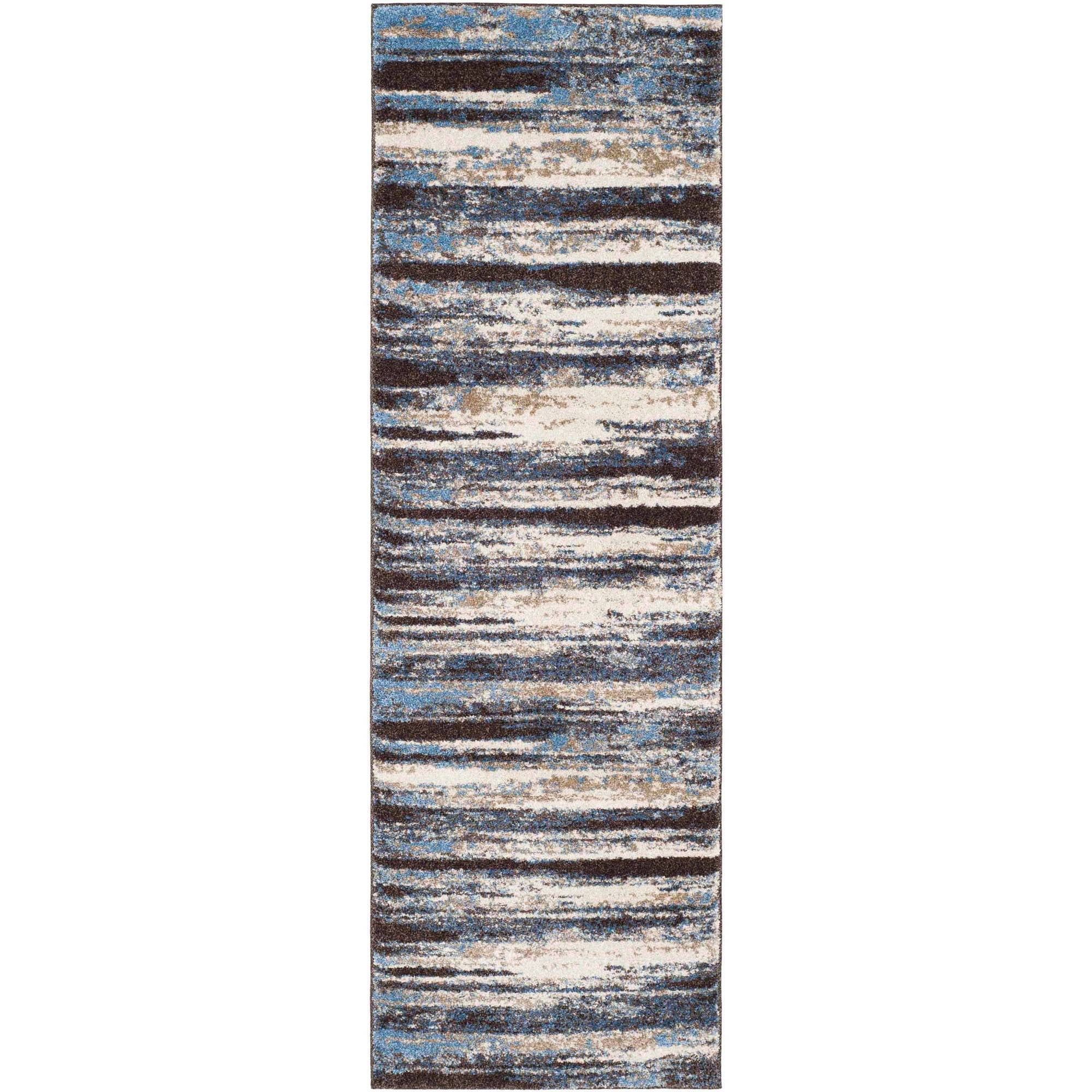 Cream and Blue Abstract Shag Runner Rug, 2'3" x 9'