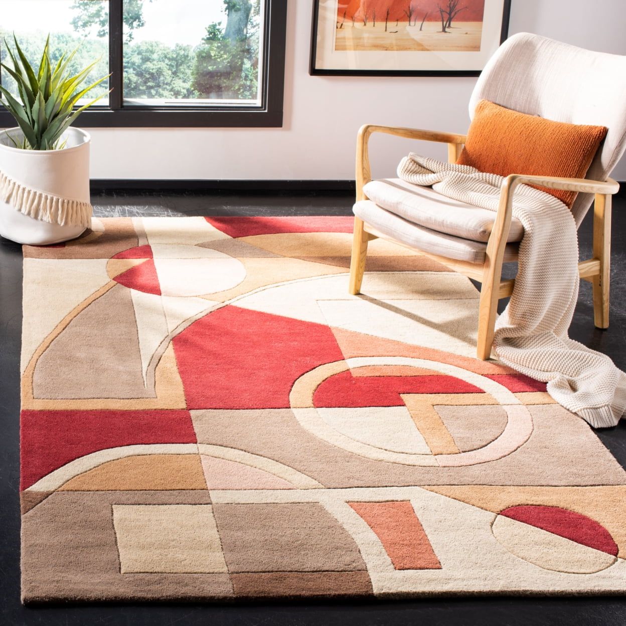 Beige and Multicolor Geometric Wool 6' x 9' Area Rug