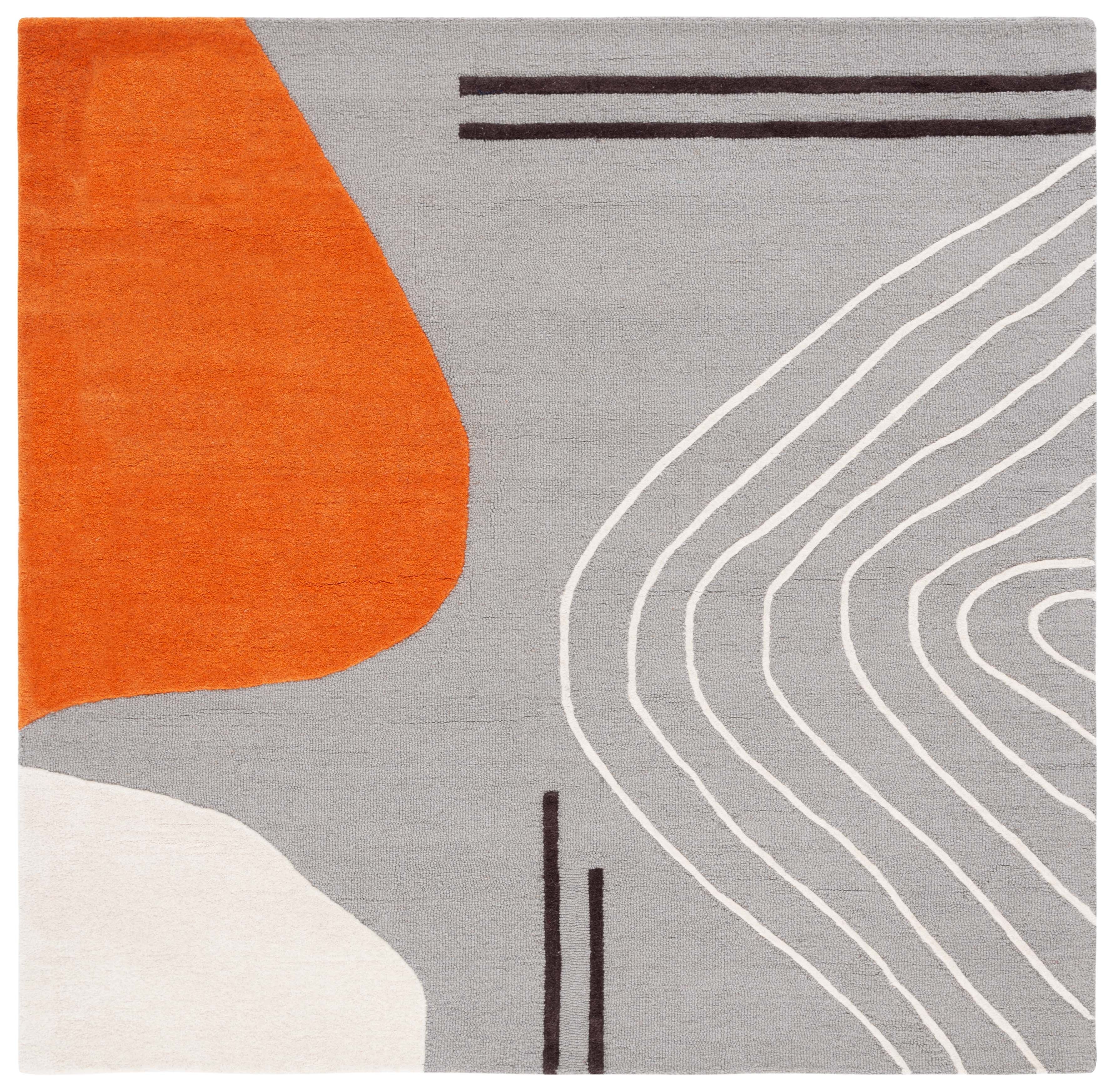 Hand-Tufted Grey and Rust Wool Abstract Square Rug, 4' x 4'