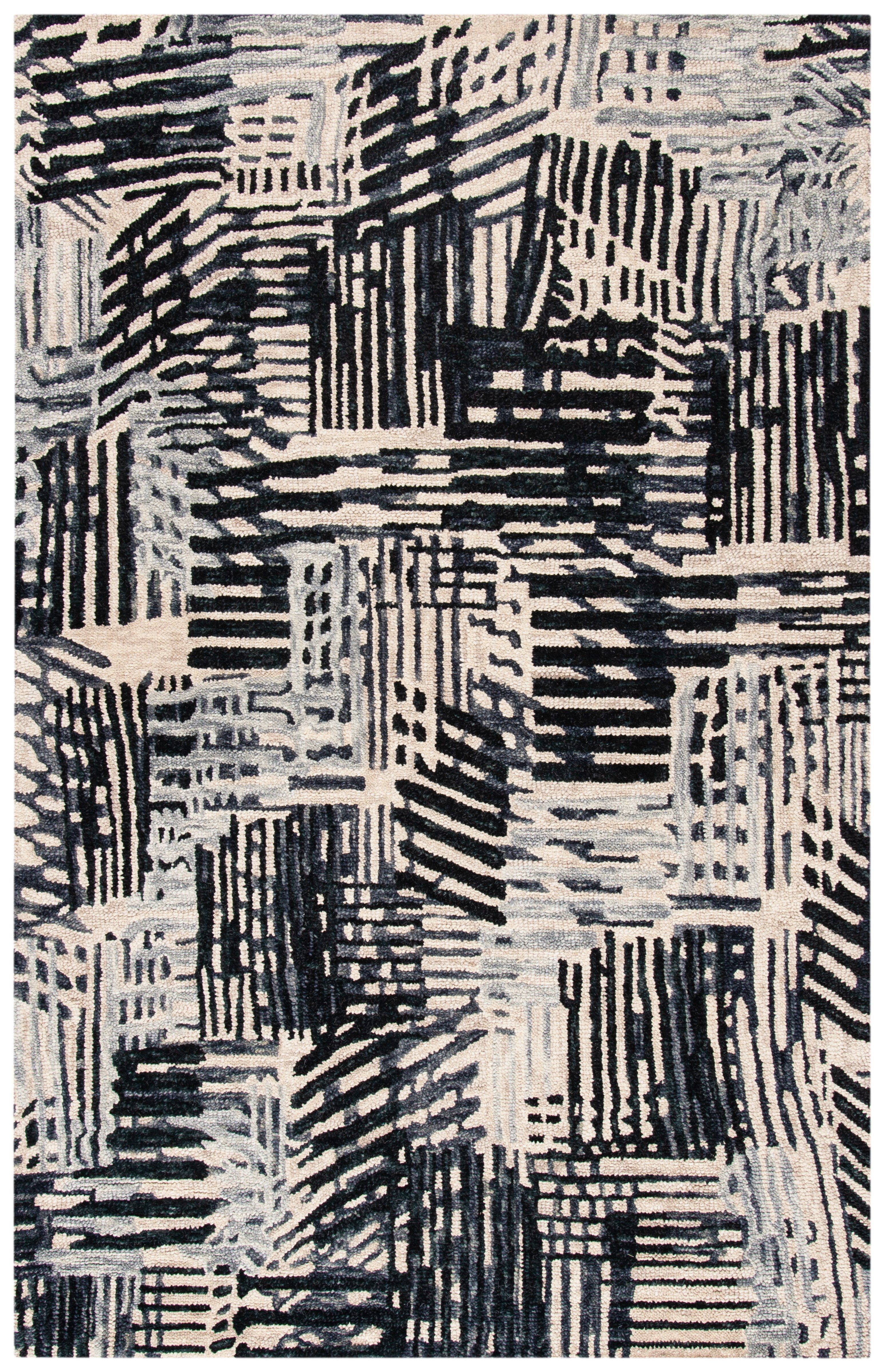 Handmade Black and Ivory Wool Abstract 4' x 6' Rug