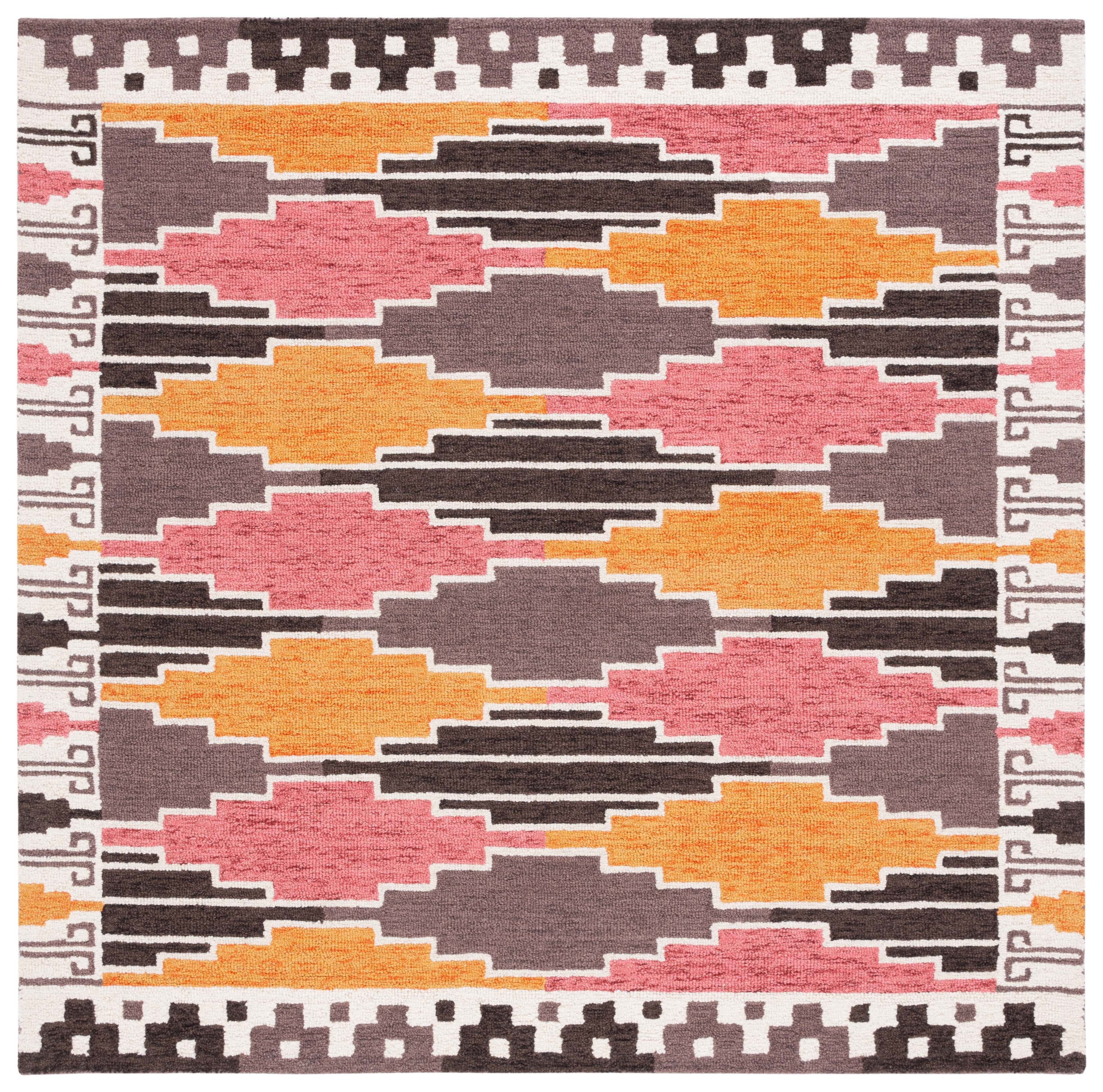 Hand-Tufted Black and Rust Geometric Wool Area Rug, 6' x 6'