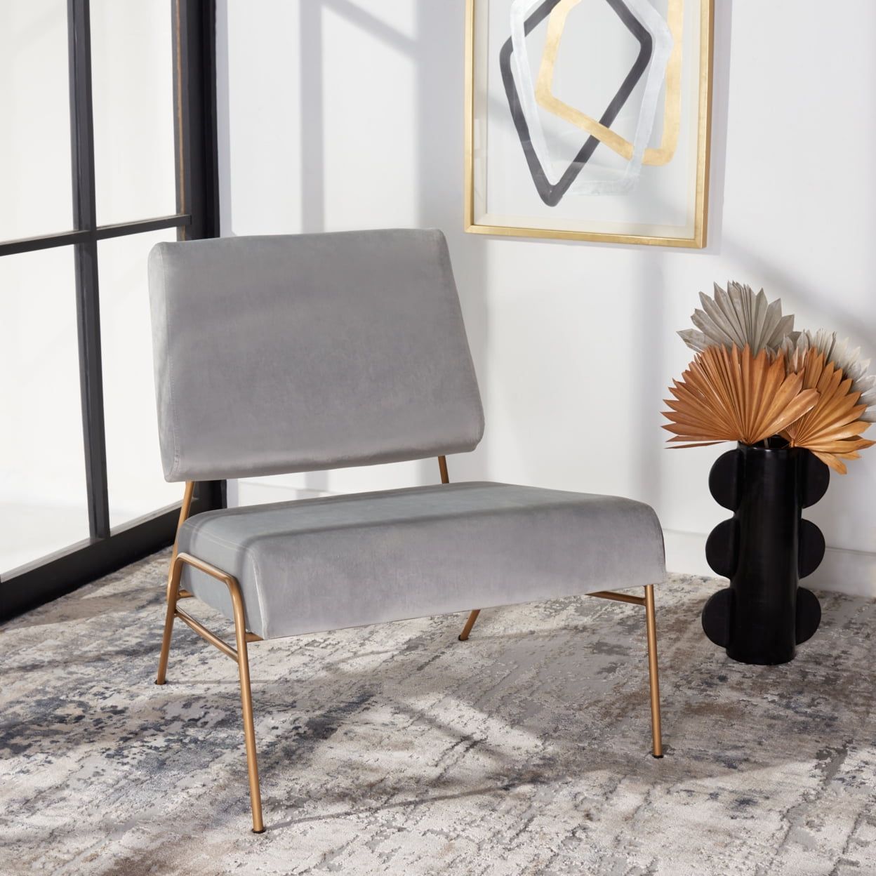 Cantilever-Inspired Luxe Grey Velvet Accent Chair with Gold Metal Frame