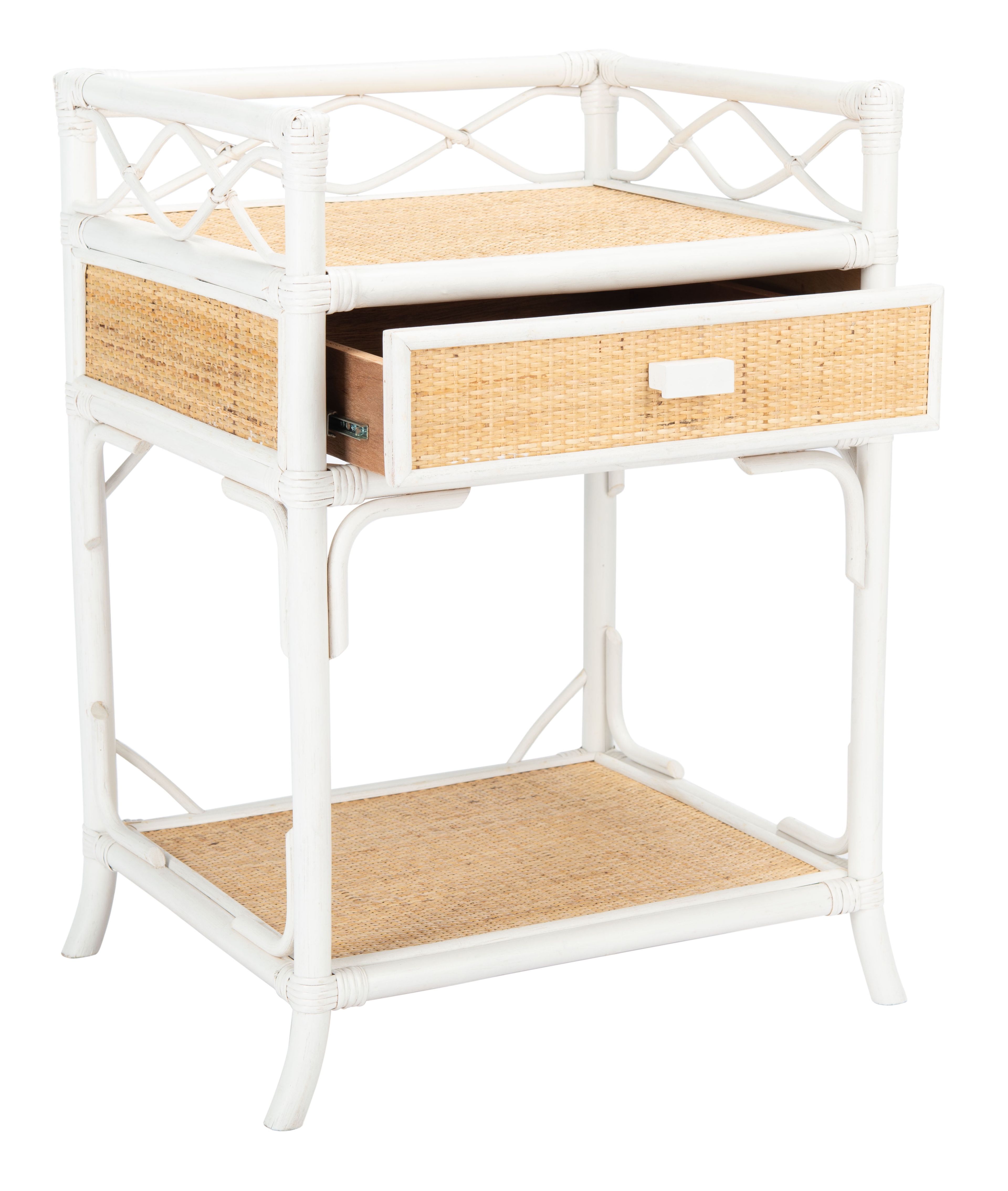 White and Natural Rattan 1-Drawer Nightstand